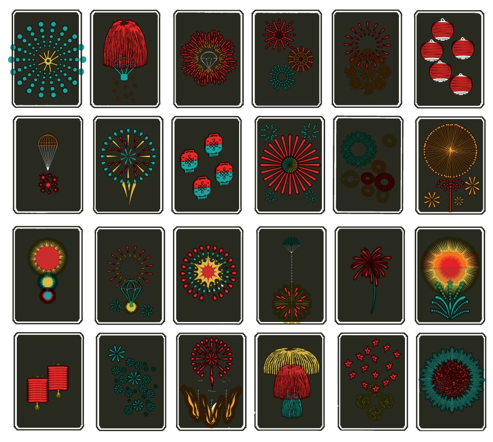 First draft of illustrated fireworks for Hanabi’s Smash all the Windows (2019) designed by jason Malmberg for Decabet