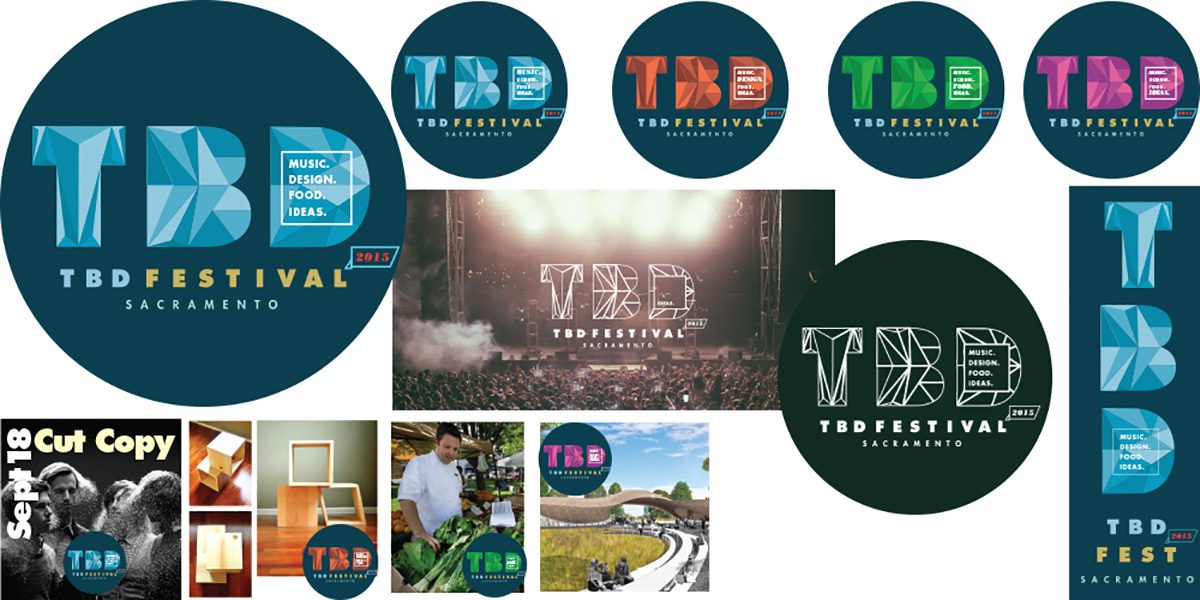 Low-poly faceted TBD Festival Sacramento logo concept by Jason Malmberg, shown in multiple colorways including blue, orange, green, and pink, an early direction ultimately not used for the final brand