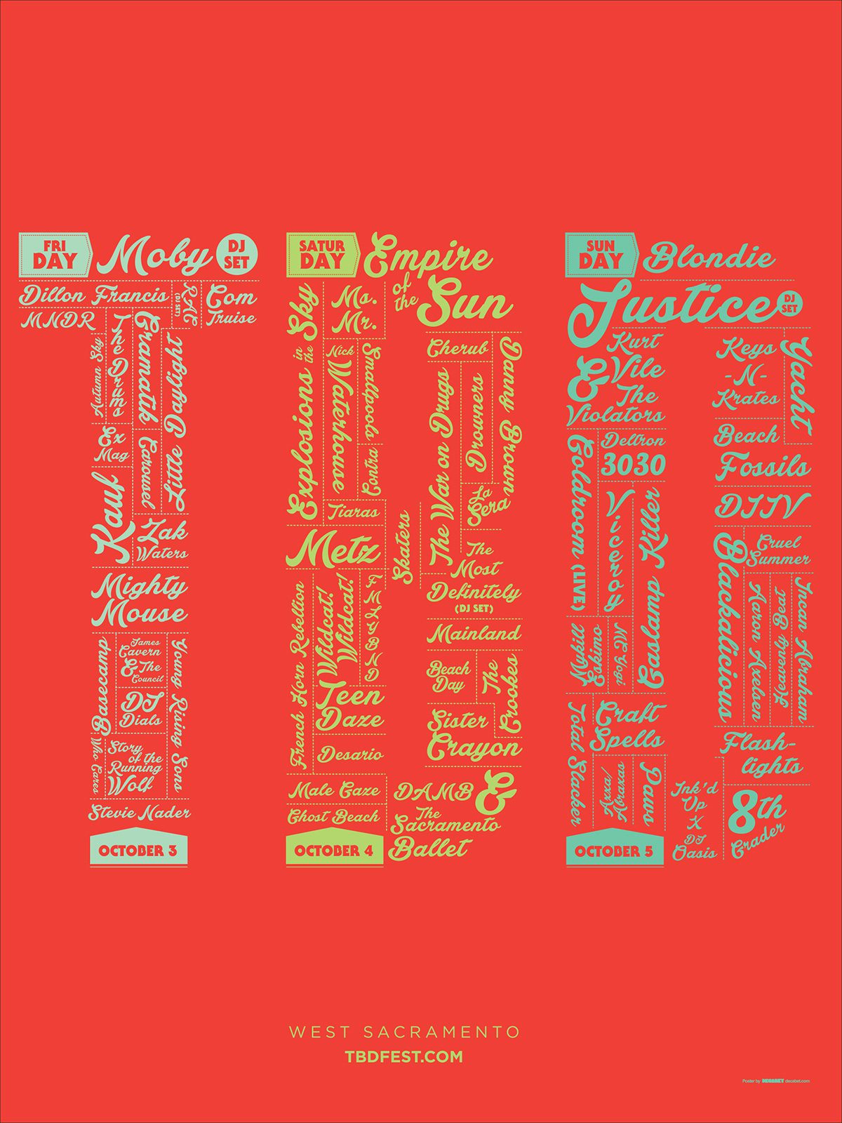 TBD Fest 2014 daily lineup poster by Jason Malmberg, the festival's three-day bill spelled out as individual letters T, B, and D filled with each day's performing artists including Moby, Empire of the Sun, and Justice