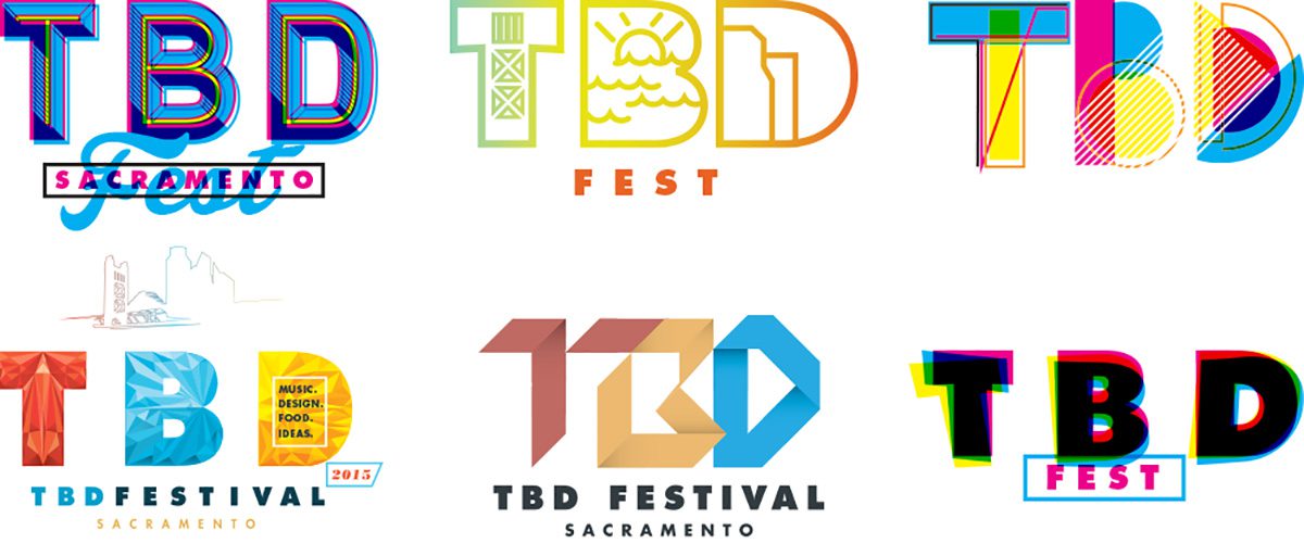 Six early logo concept directions for TBD Fest 2015 by Jason Malmberg, exploring hand-drawn script, origami-folded, glitch/RGB-split, and geometric styles before the final brand was chosen