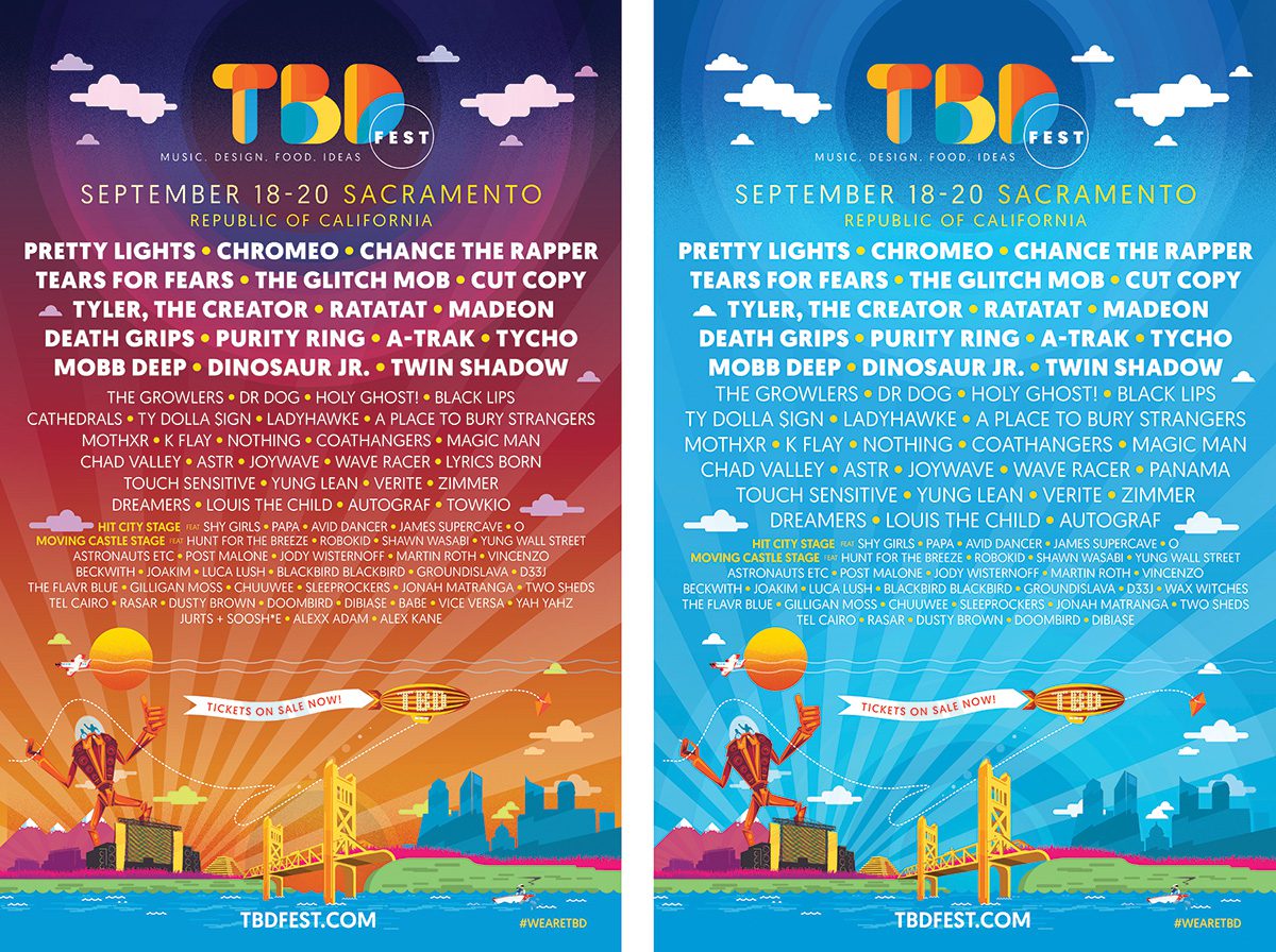 The 2015 TBD Fest poster in both colorways by Jason Malmberg, sunset sherbet version and Blue Sky version, both featuring mascot Tibby beside the Tower Bridge and full festival lineup