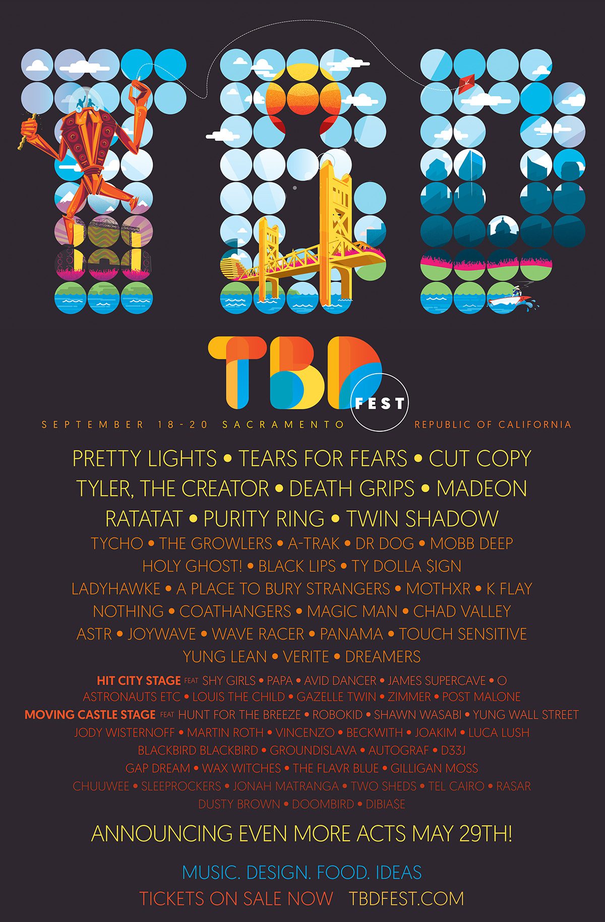 TBD Fest 2015 Phase One lineup announcement poster by Jason Malmberg, band names spelled from a dot-matrix pattern revealing the Sacramento skyline and Tower Bridge, with mascot Tibby and the initial lineup roster