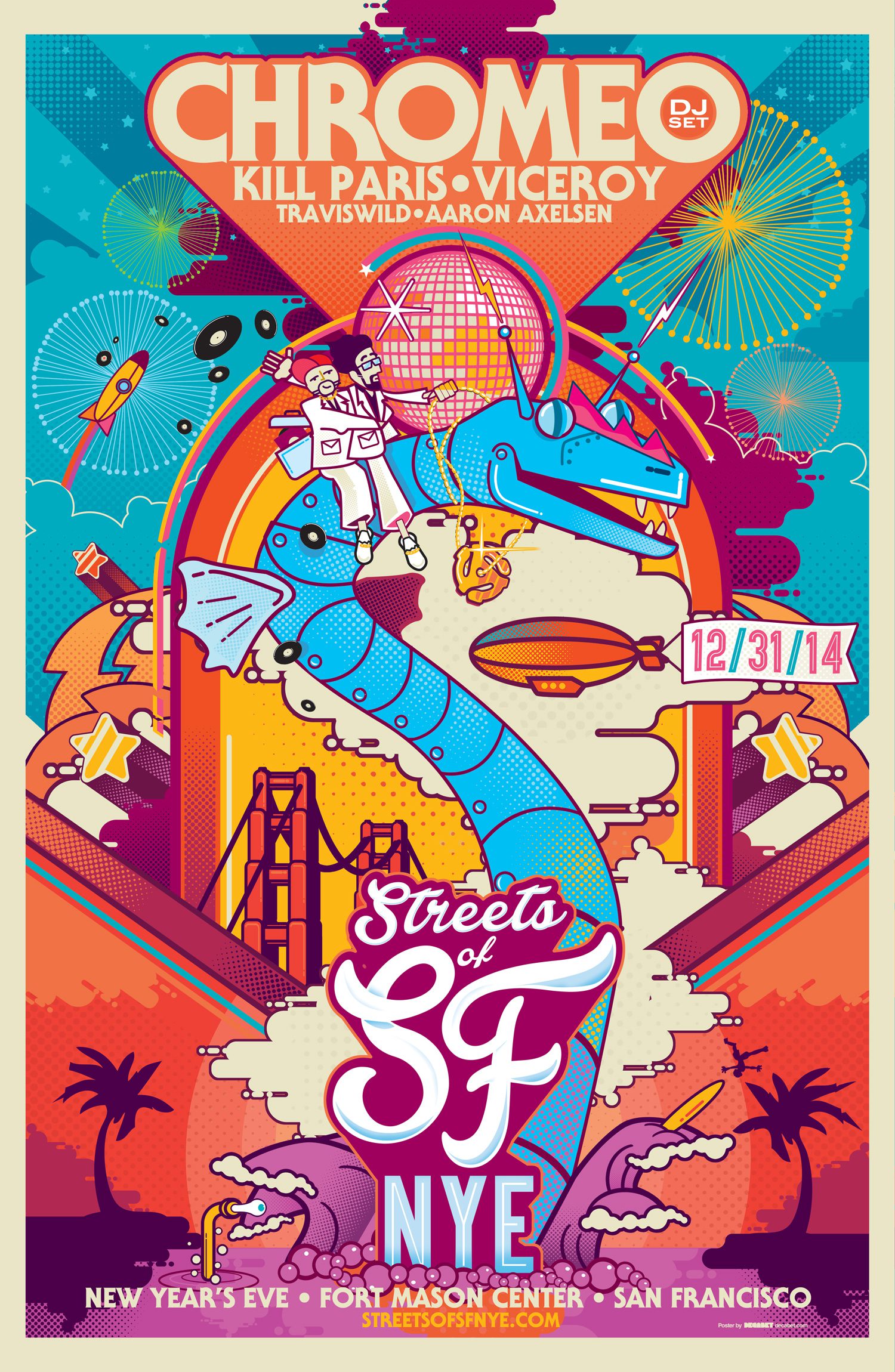 Chromeo NYE poster by Jason Malmberg, Chromeo riding a giant blue robot serpent over the San Francisco Bay and Golden Gate Bridge, retro 70s schoolbook style, for the December 2014 Streets of SF NYE event at Fort Mason