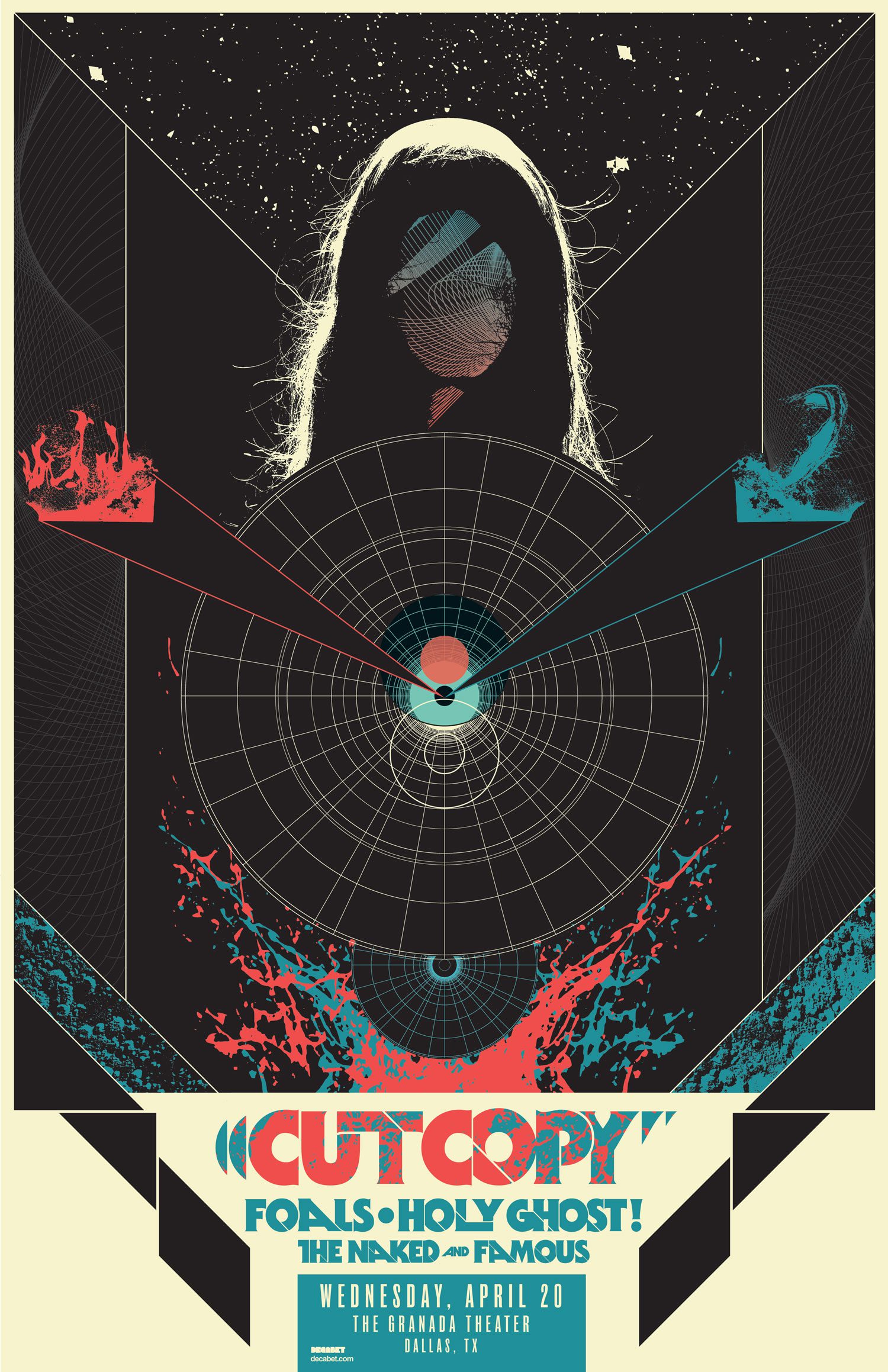 Poster for Cut Copy's headlining appearance with Foals, The Naked and Famous and Holy Ghost! at the Granada Theater in Dallas, 2011. Designed by Jason Malmberg for Decabet