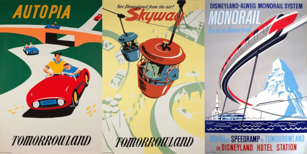 Classic Disneyland attraction posters. Autopia. Skyway. Monorail