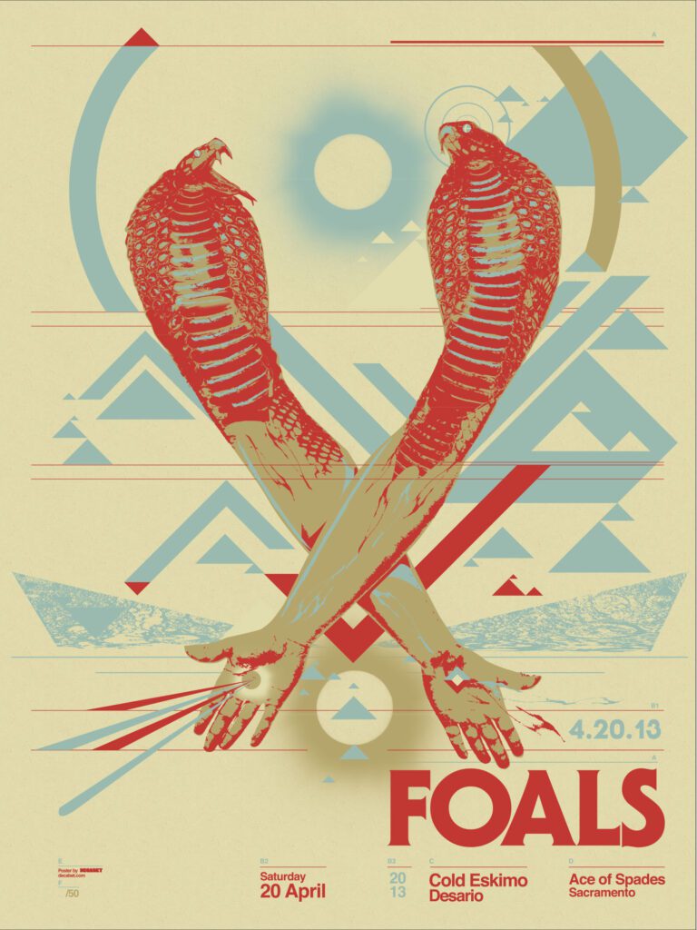 Foals poster for their appearance in Sacramento in 2013. Designed by Jason Malmberg for Decabet.