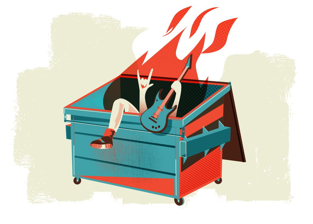 Illustration of the concept of "debauchery" represented as a dumpster fire with a guy inside playing a guitar and giving the devil horns for The Little Book of Rock and Roll Wisdom, illustrated by Jason Malmberg for Decabet