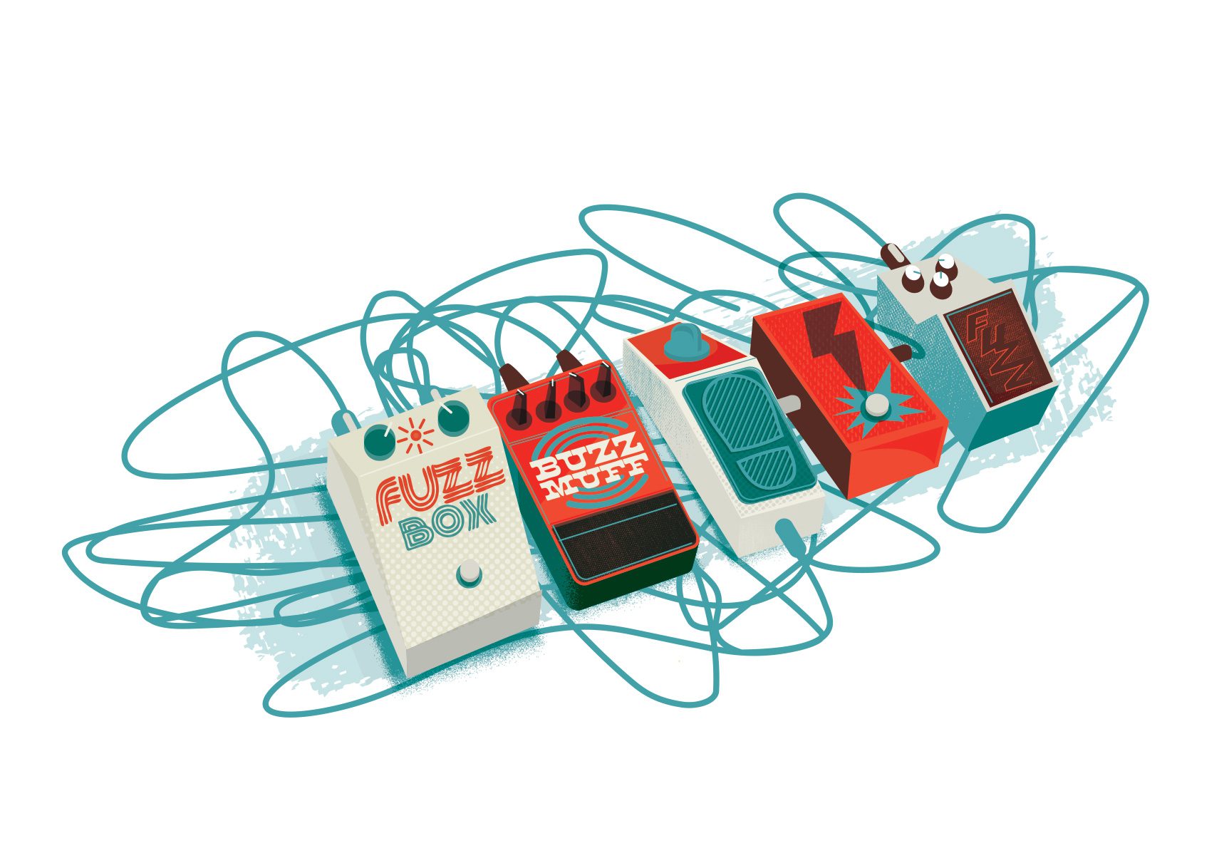 Illustration of guitar pedals for The Little Book of Rock and Roll Wisdom illustrated by Jason Malmberg for Decabet