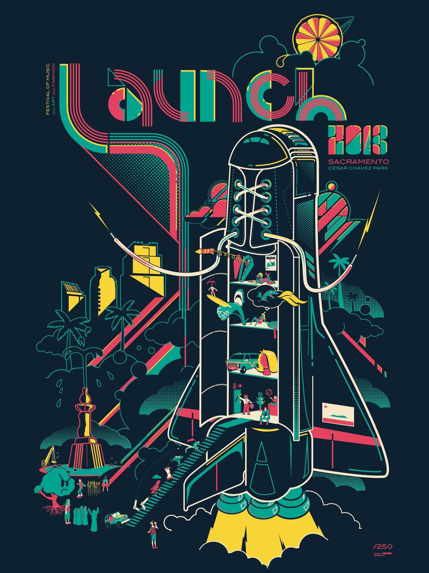 Launch Music Festival 2013 Sacramento poster by Jason Malmberg, illustrated rocket-boot cross-section revealing tiny scenes and figures inside, with festival lineup and Cesar Chavez Park location