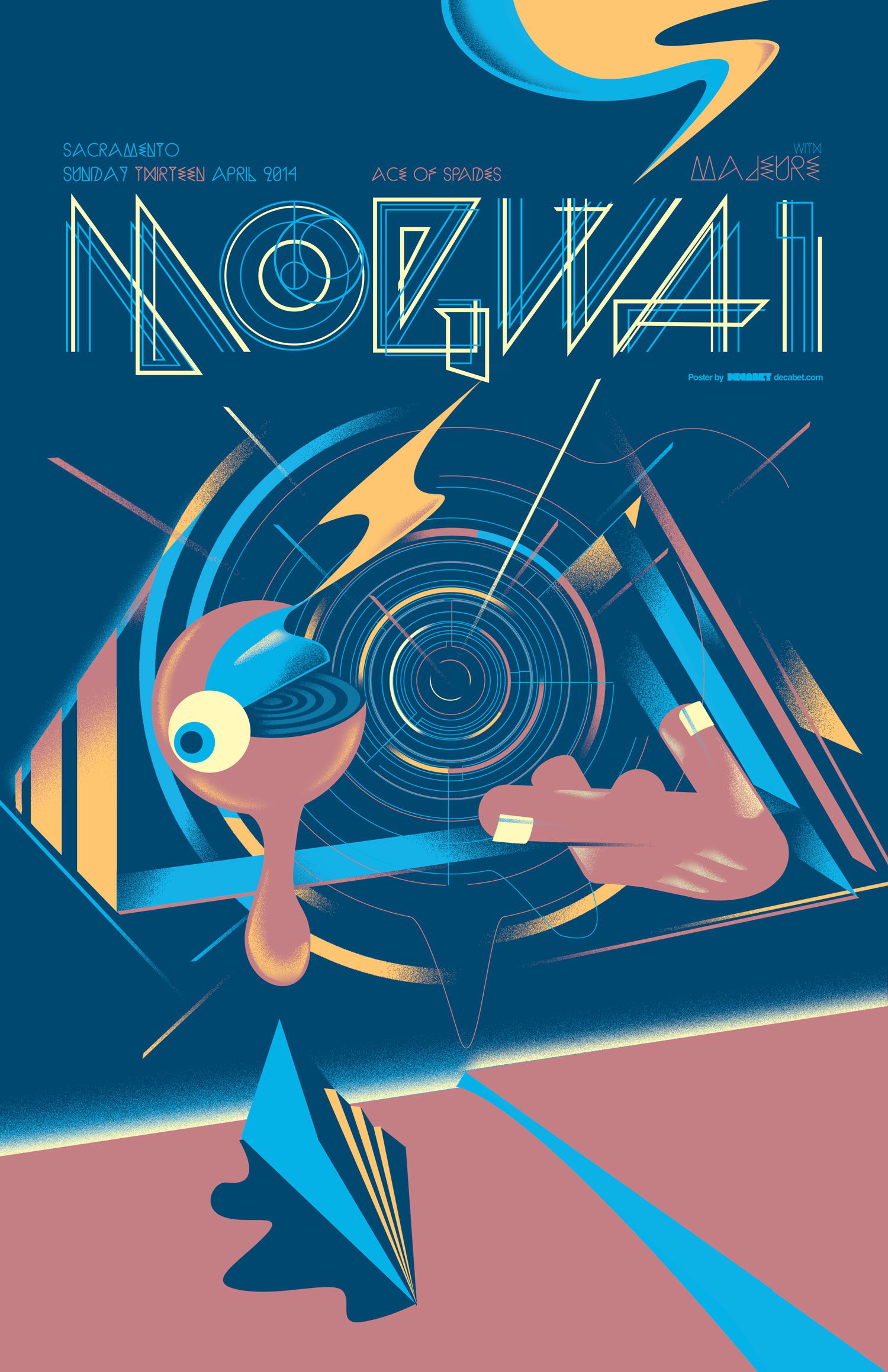 Mogwai gig poster by Jason Malmberg, surreal melting one-eyed figure with a vinyl-record head reaching toward a geometric radial pattern, Eastern European-inspired custom type, for the April 2014 Ace of Spades Sacramento show with Majeure