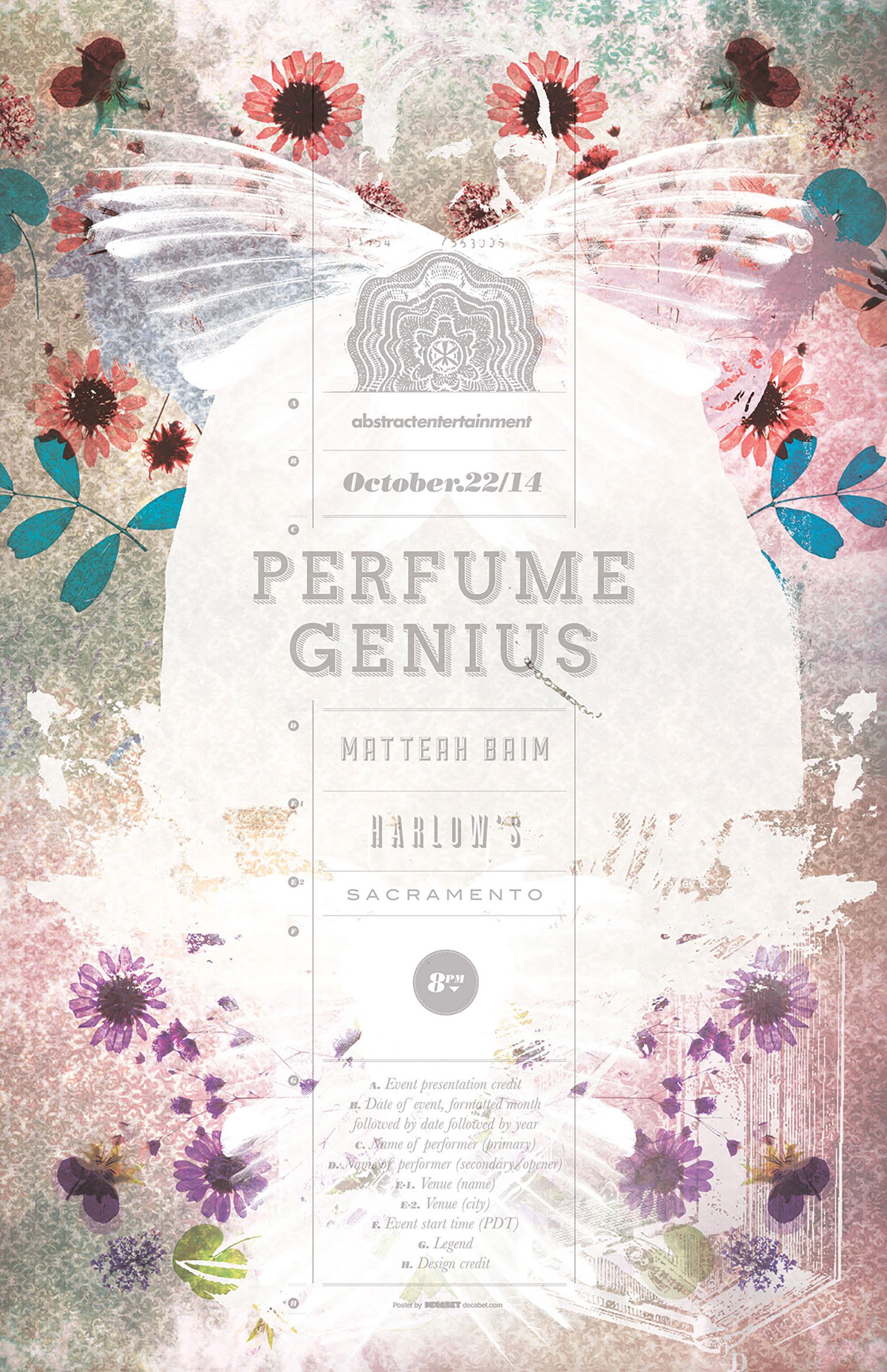 Perfume Genius gig poster by Jason Malmberg, translucent vellum design with pressed-flower and angel-wing motifs, printed with a reverse-side black layer that shows through the front for an apothecary-window effect, for the October 2014 Harlow's Sacramento show with Matteah Baim
