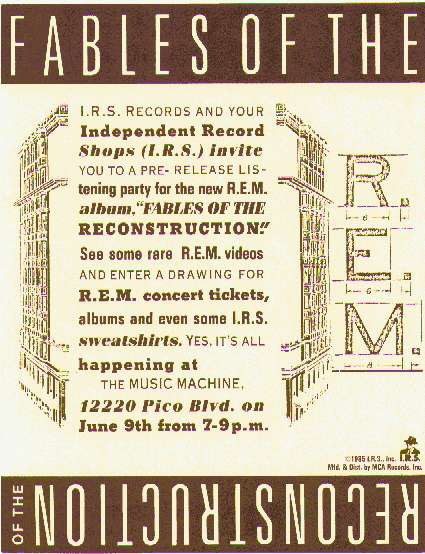 An early listening party flyer for R.E.M's 1985 album Fables of the Reconstruction