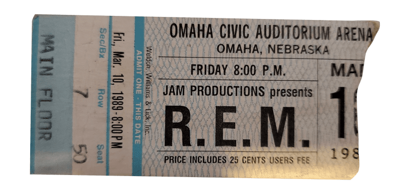 R.E.M. ticket stub for their March 10, 1989 show at the Civic Auditorium in Omaha, Nebraska. A show that would prove very formative for Jason Malmberg