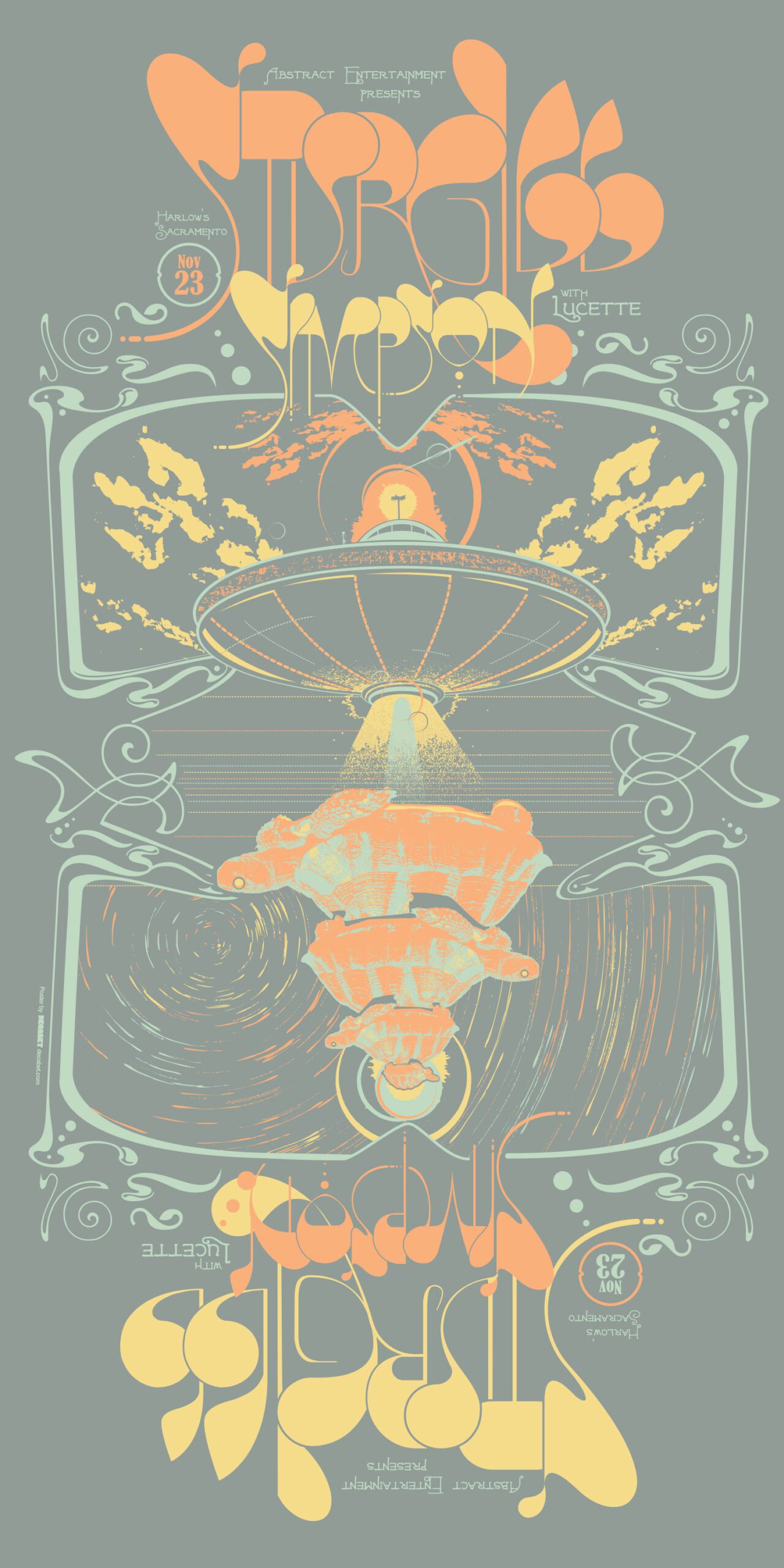 Sturgill Simpson gig poster by Jason Malmberg, fully rotationally symmetric design with a UFO beaming light onto a stack of turtles, mirrored Art Nouveau lettering top and bottom so the poster reads identically turned upside down, for the November 2014 Harlow's Sacramento show with Lucette