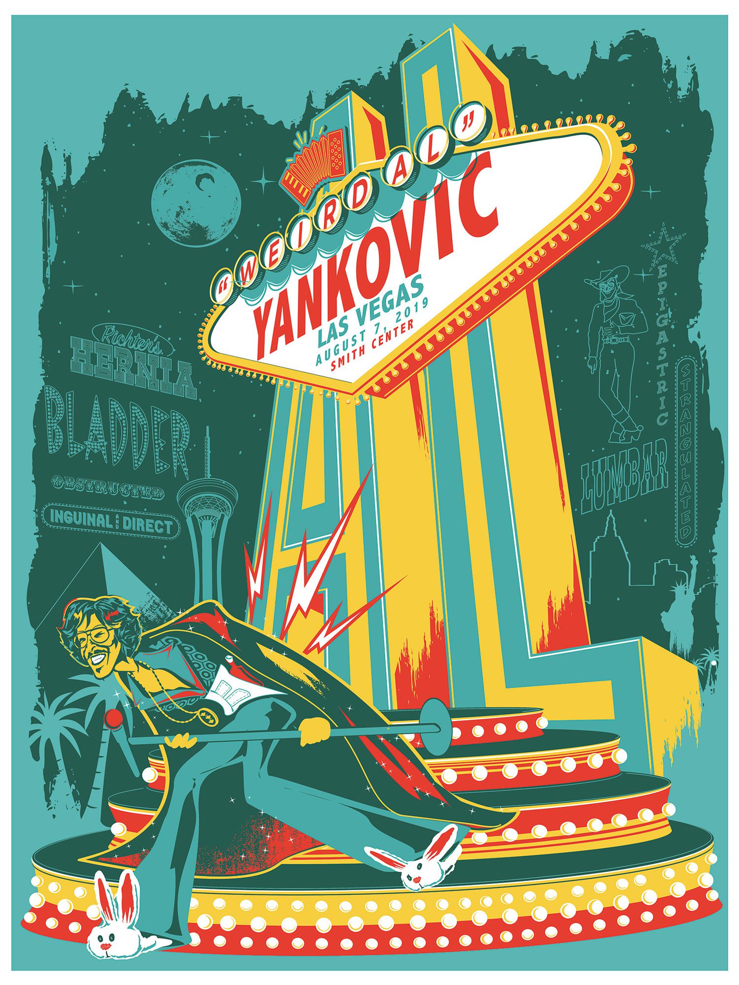 "Weird Al" Yankovic poster for his Las Vegas appearance in 2019. Designed by Jason Malmberg for Decabet