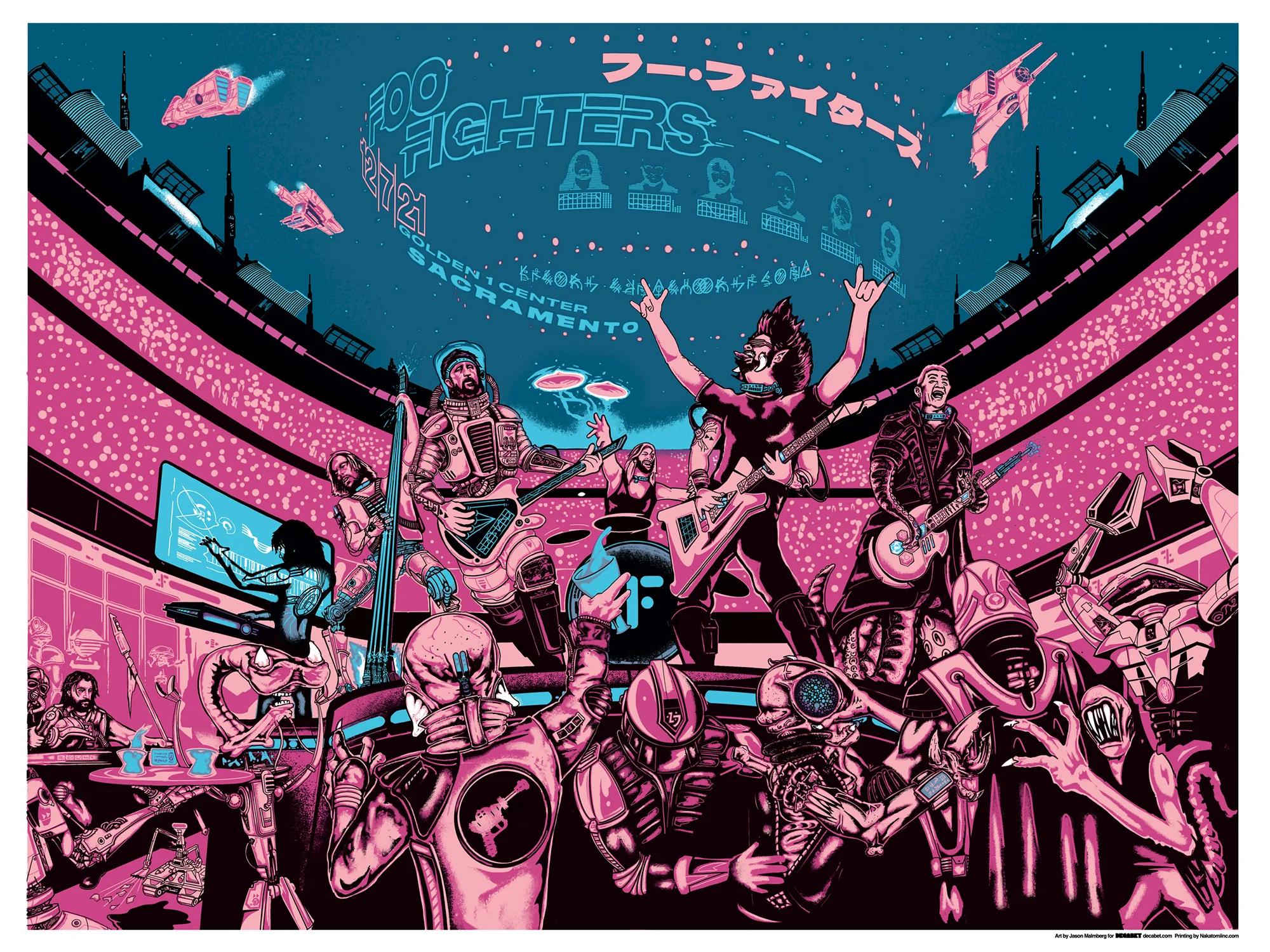 Foo Fighters concert poster for the band’s 2021 Sacramento show at Golden 1 Center. Designed by Jason Malmberg of Decabet, featuring Foo Fighters as futuristic space-rock icons surrounded by alien fans.