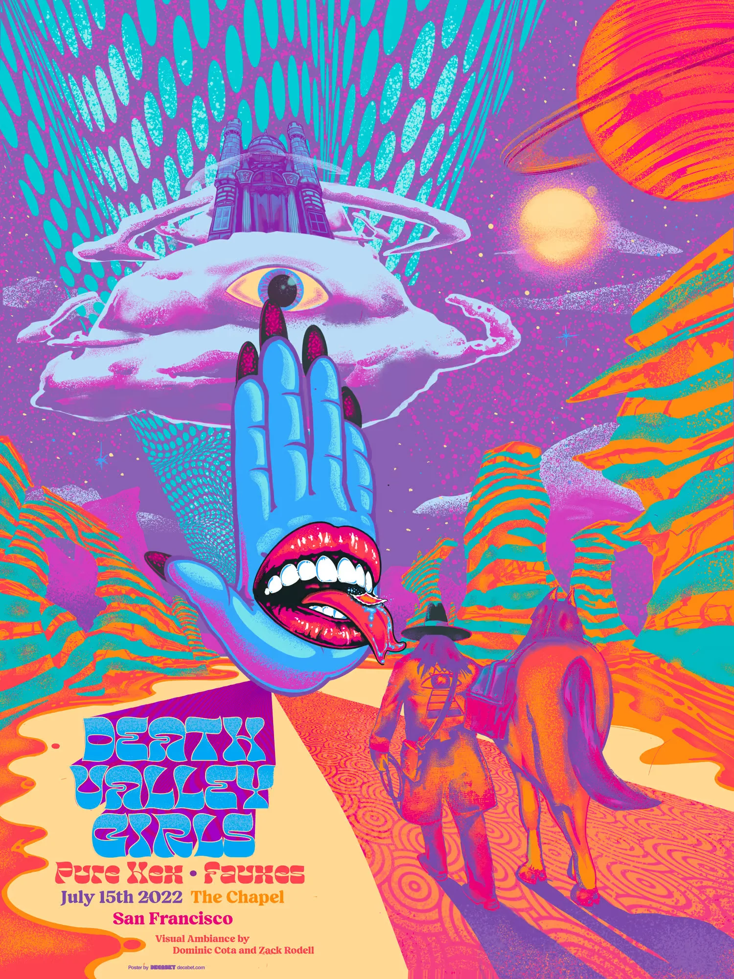 Psychedelic concert poster for Death Valley Girls’ July 15, 2022 show at The Chapel in San Francisco. Designed by Jason Malmberg of Decabet, the artwork features vivid neon landscapes, a surreal cowboy leading a horse beneath alien planets, and a floating blue hand with a mouth and eye surrounded by cosmic energy.