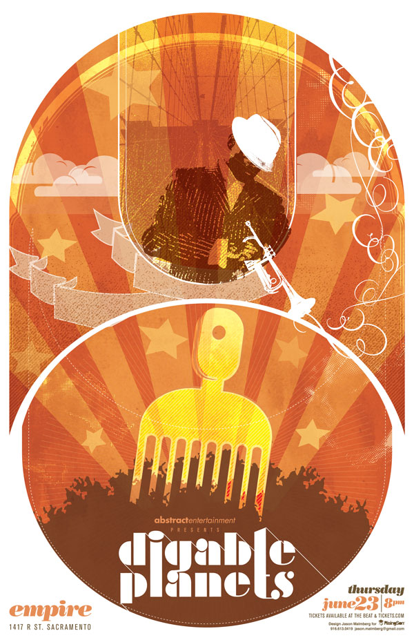 Concert poster design for Digable Planets by Jason Malmberg, featuring a stylized jazz silhouette, golden afro pick, and layered orange starburst patterns symbolizing rhythm, culture, and motion.