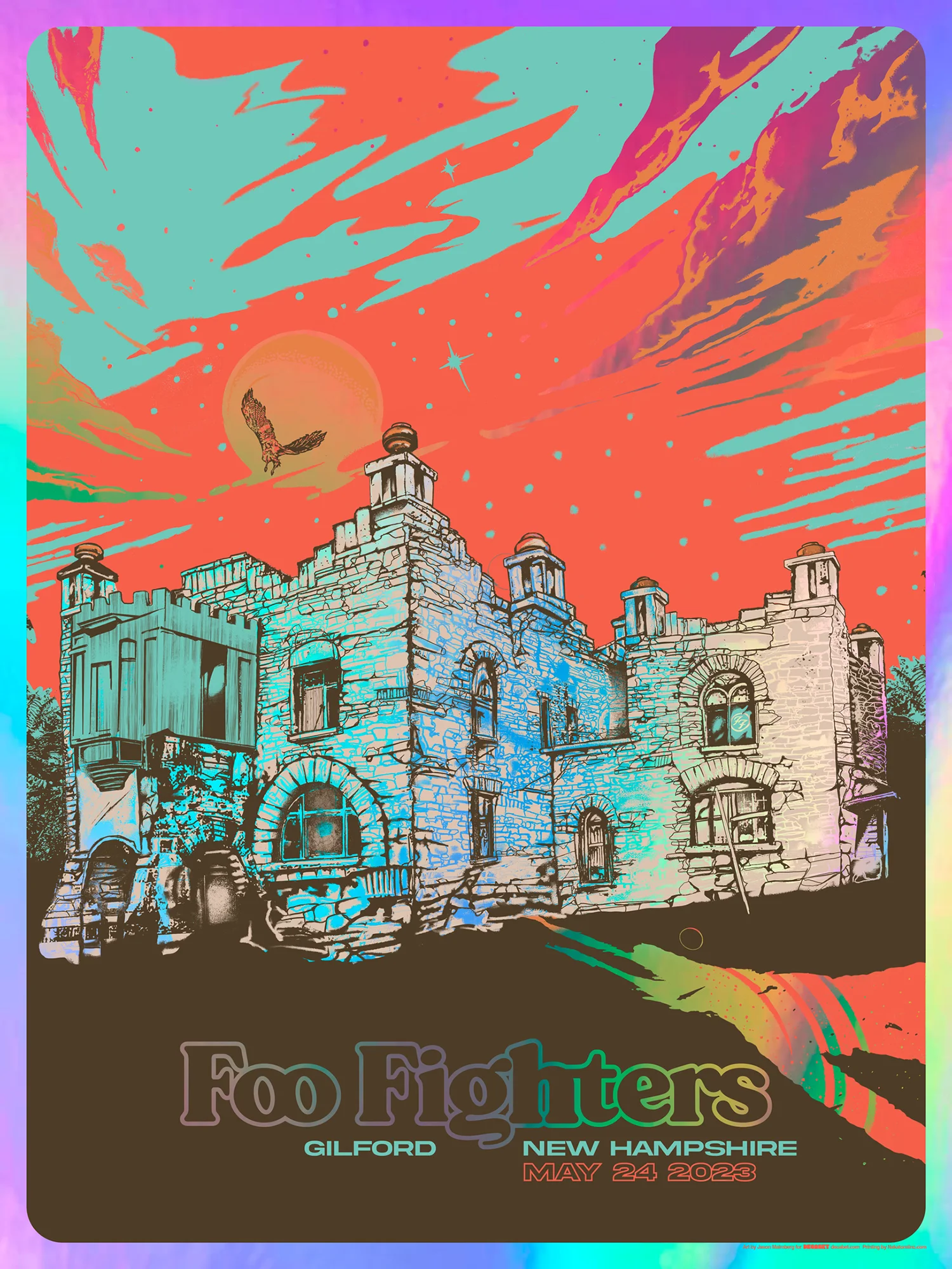 Limited-edition rainbow foil variant of the Foo Fighters Gilford 2023 gig poster designed by Jason Malmberg of Decabet. The artwork depicts Kimball Castle under vivid orange and turquoise skies with a soaring hawk tribute to Taylor Hawkins.