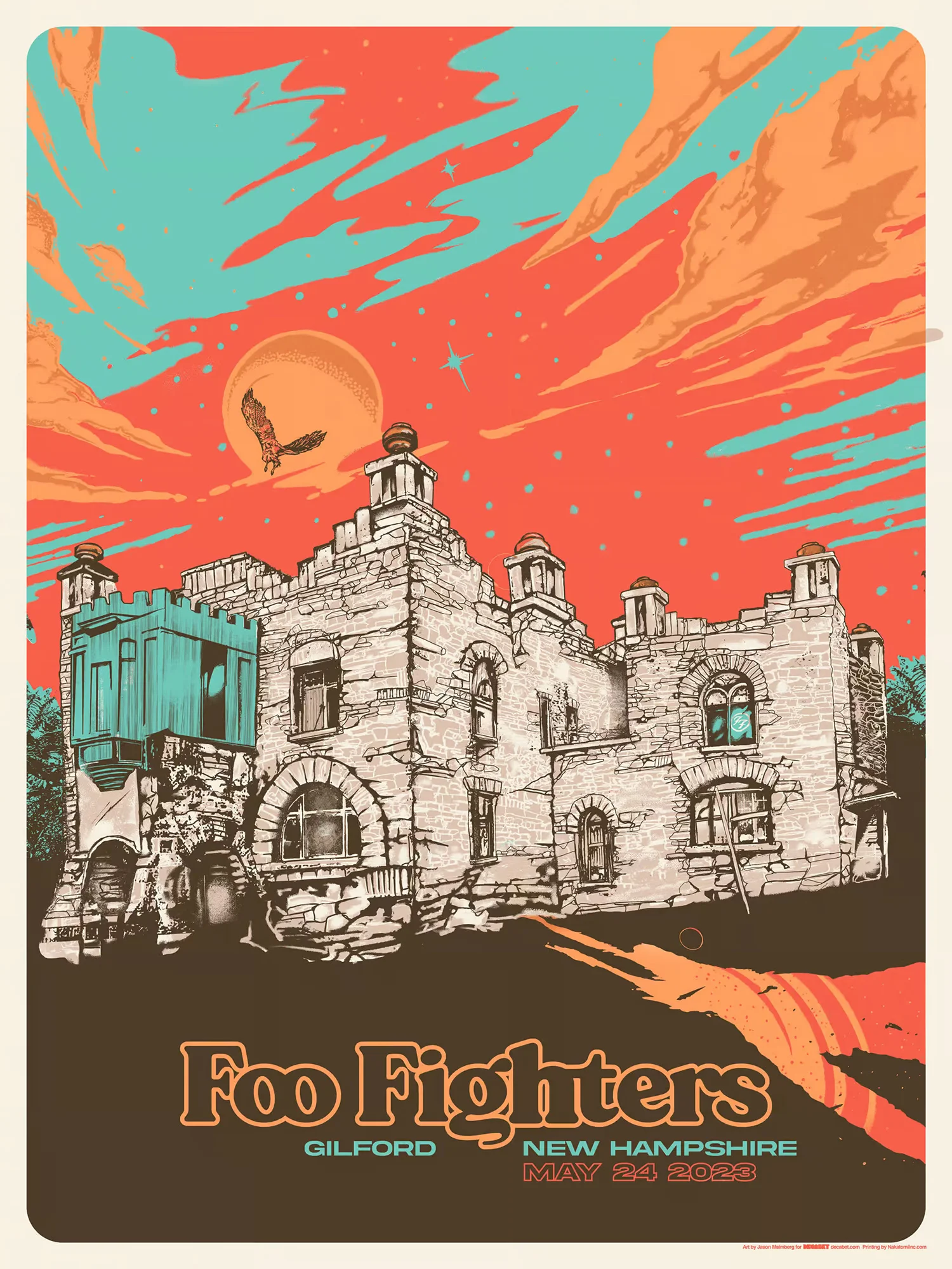 Foo Fighters concert poster designed by Jason Malmberg of Decabet for the band’s 2023 show in Gilford, New Hampshire. The artwork features a surreal castle under an orange sky with a soaring hawk and turquoise highlights.