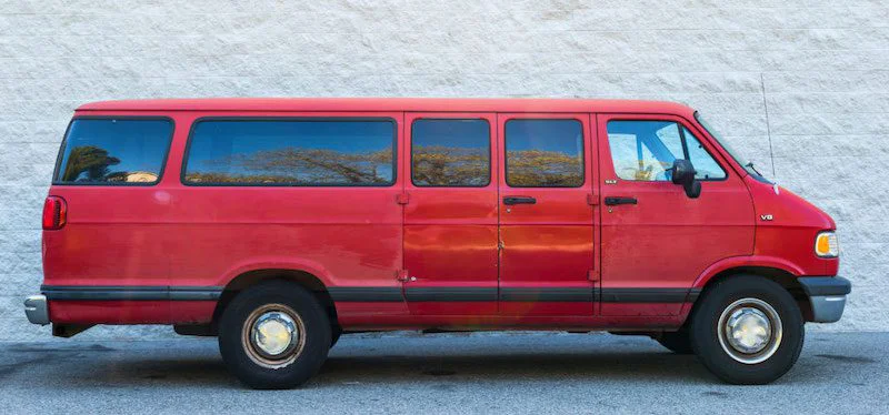 Foo Fighters’ famous red Dodge touring van known as “Big Red Delicious,” used by the band during their early tours and commemorated in their 2020 Van Tour.