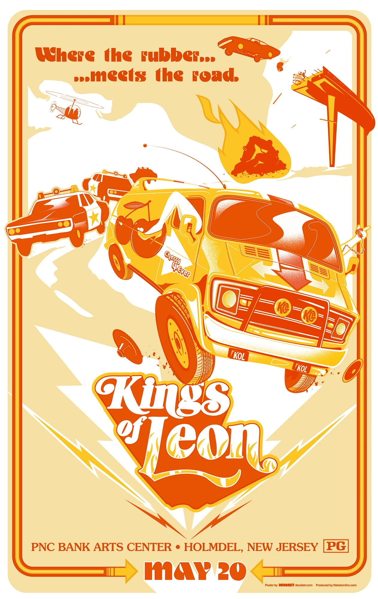 Kings of Leon 2017 New Jersey poster by Jason Malmberg featuring a 70s muscle van chase scene with cherries, exploding bridge, police cars, and retro orange-yellow palette.