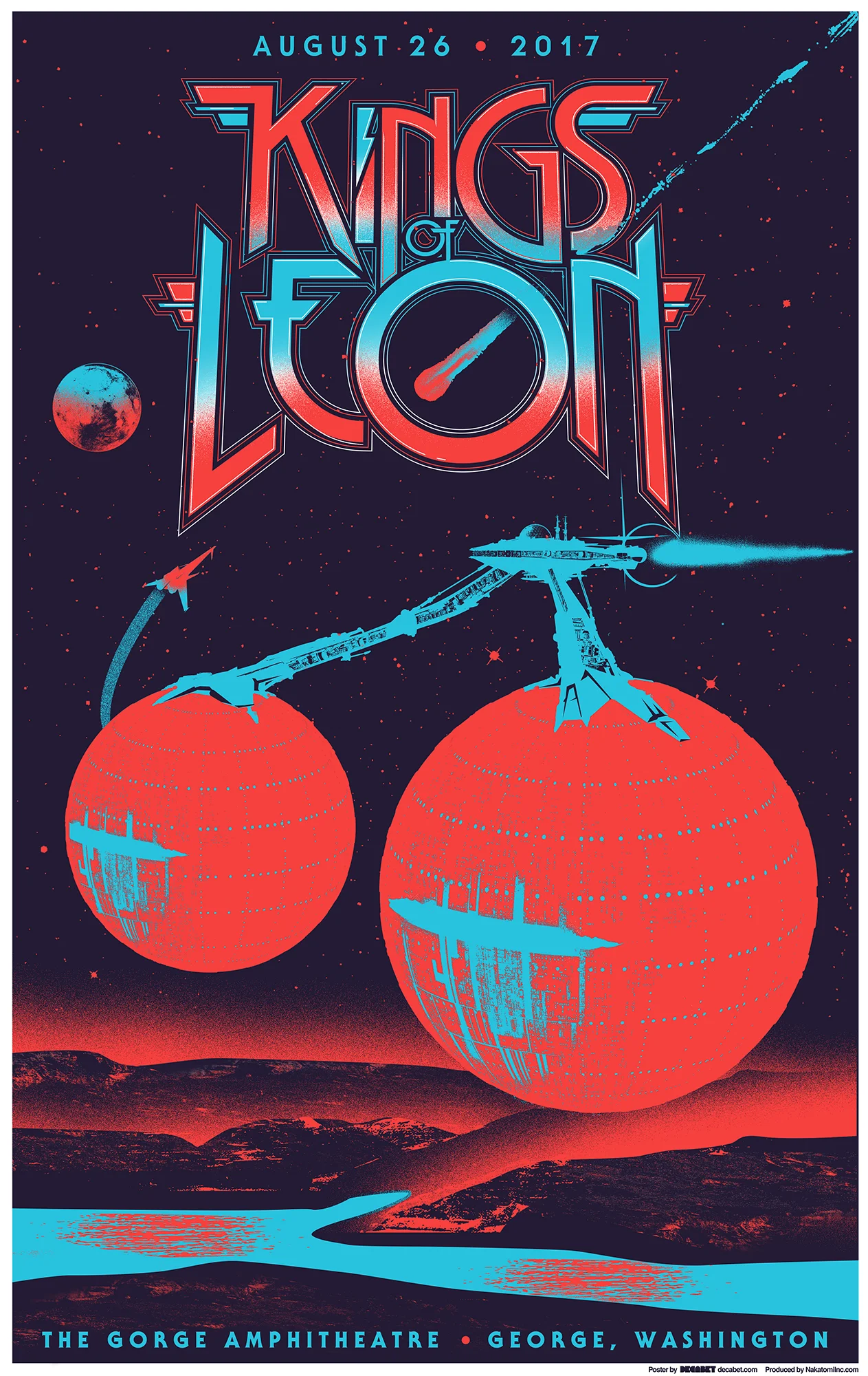 Kings of Leon 2017 Gorge poster by Jason Malmberg featuring two giant sci-fi cherry planets, starships, neon red and blue palette, and The Gorge Amphitheatre landscape.