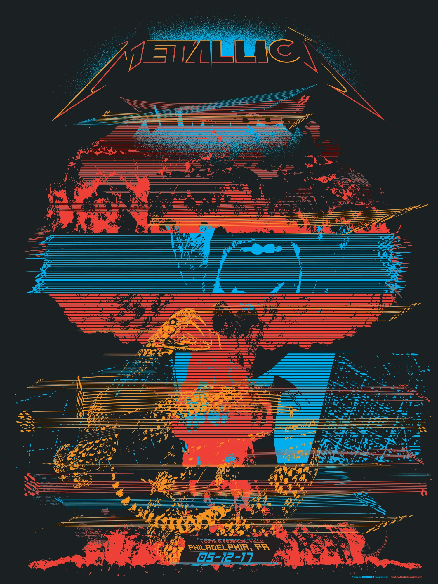 Metallica 2017 Philadelphia poster by Jason Malmberg featuring distorted CRT scanlines, erupting mushroom cloud, serpent imagery, and an angry suited talking head.