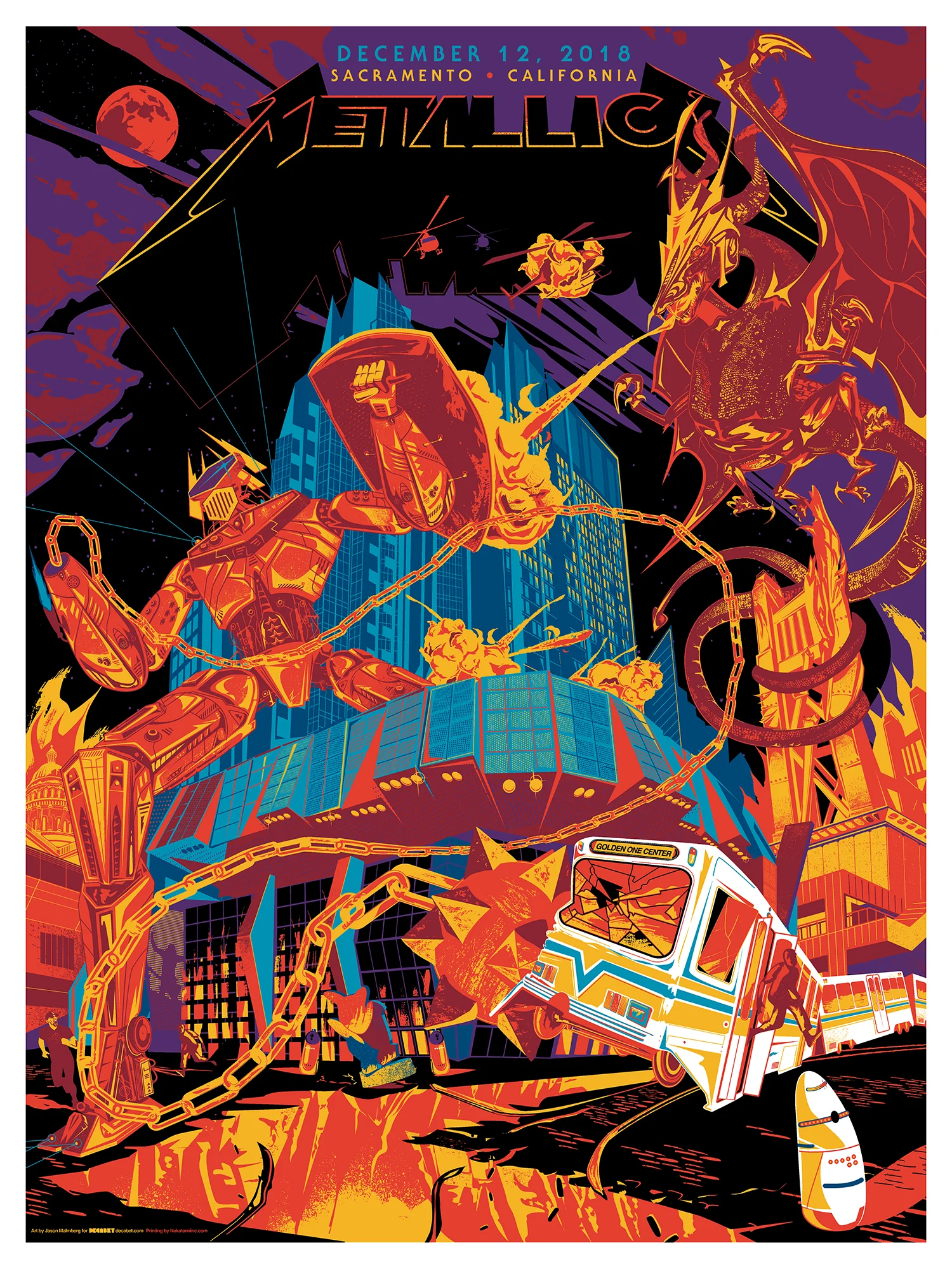Metallica concert poster for the 2018 Sacramento show at Golden 1 Center, designed by Jason Malmberg of Decabet, featuring a giant robot fighting a dragon above the city.