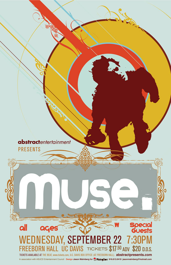 Concert poster design for the band Muse, created by Jason Malmberg for their UC Davis performance. Features a silhouetted figure leaping through concentric circles and ornate linework in bold red, gold, and sky blue tones.