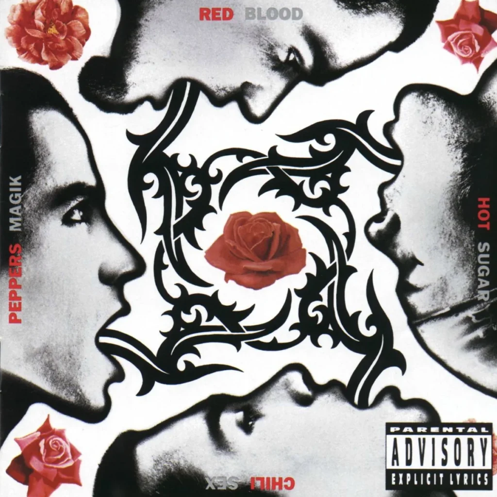 1991 Red Hot Chili Peppers album cover for Blood Sugar Sex Magik featuring four black and white faces arranged in a mirrored circular layout with red roses and decorative black tribal shapes in the center.