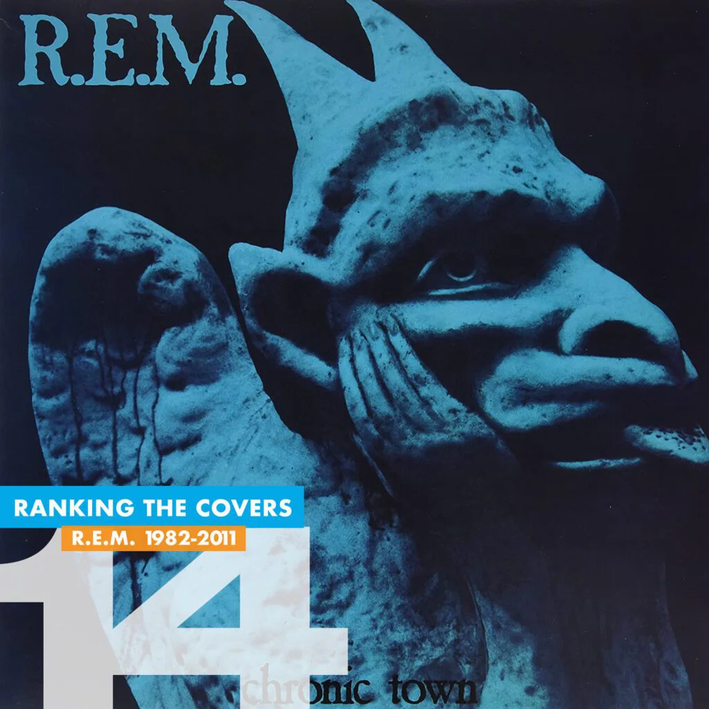 R.E.M. Chronic Town album cover featuring a blue gargoyle sculpture, shown as number fourteen in Jason Malmberg’s ranking of R.E.M. album covers.
