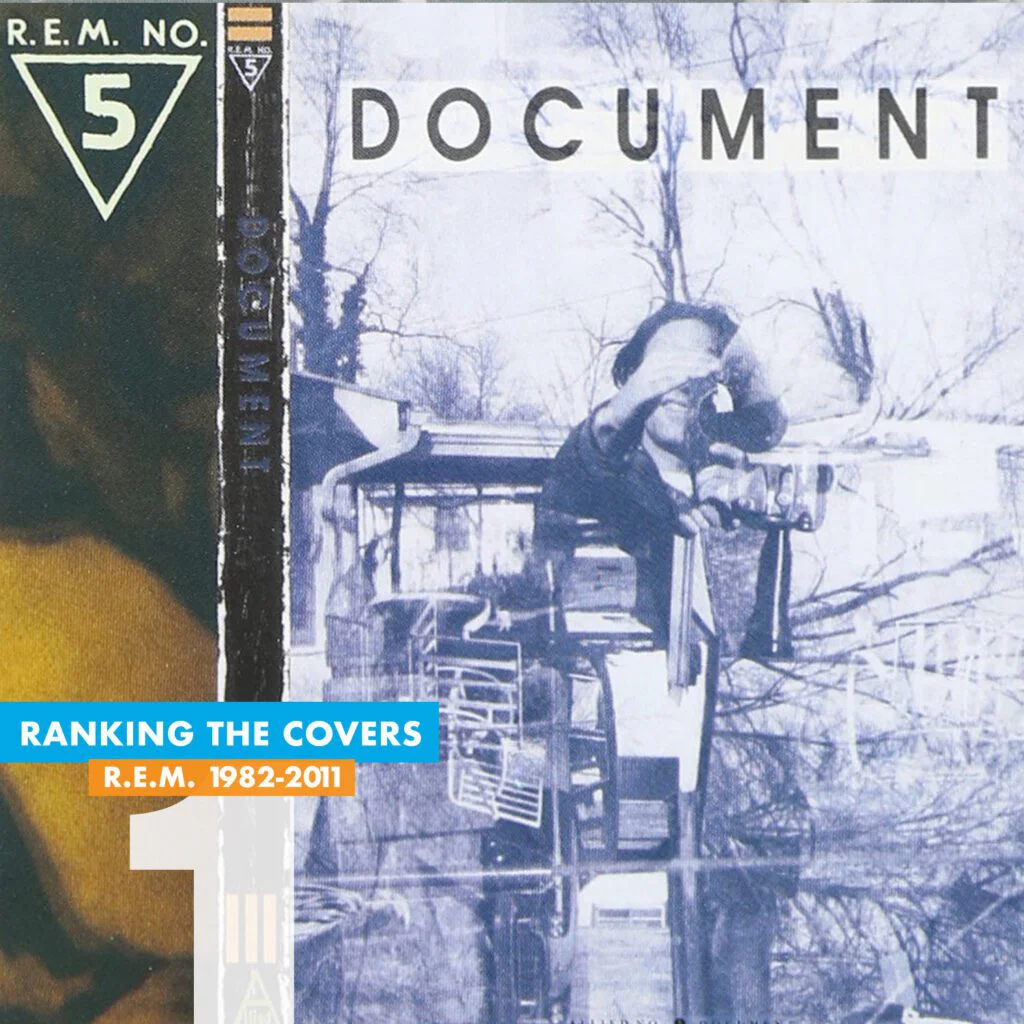 R.E.M. Document album cover featuring blue-tinted collage photography, the “R.E.M. No. 5” emblem, and industrial imagery, ranked number one in Jason Malmberg’s R.E.M. album cover aesthetic list.