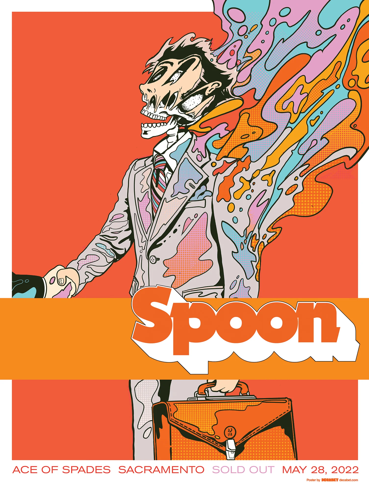 Psychedelic pop-art gig poster for Spoon’s sold-out 2022 show at Ace of Spades in Sacramento. Designed by Jason Malmberg of Decabet, featuring a suited figure with color exploding from his head.
Caption: Spoon – Ace of Spades, Sacramento – Sold Out, May 28, 2022. Limited edition concert poster by Jason Malmberg of Decabet.