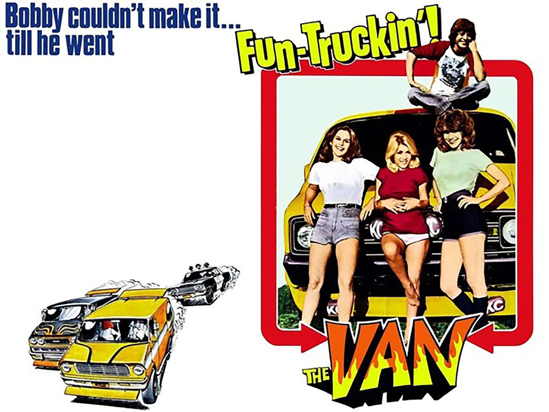 Vintage lobby card for the 1977 movie The Van featuring a yellow custom van, speeding chase illustration, and group of teens posing in front of the van.