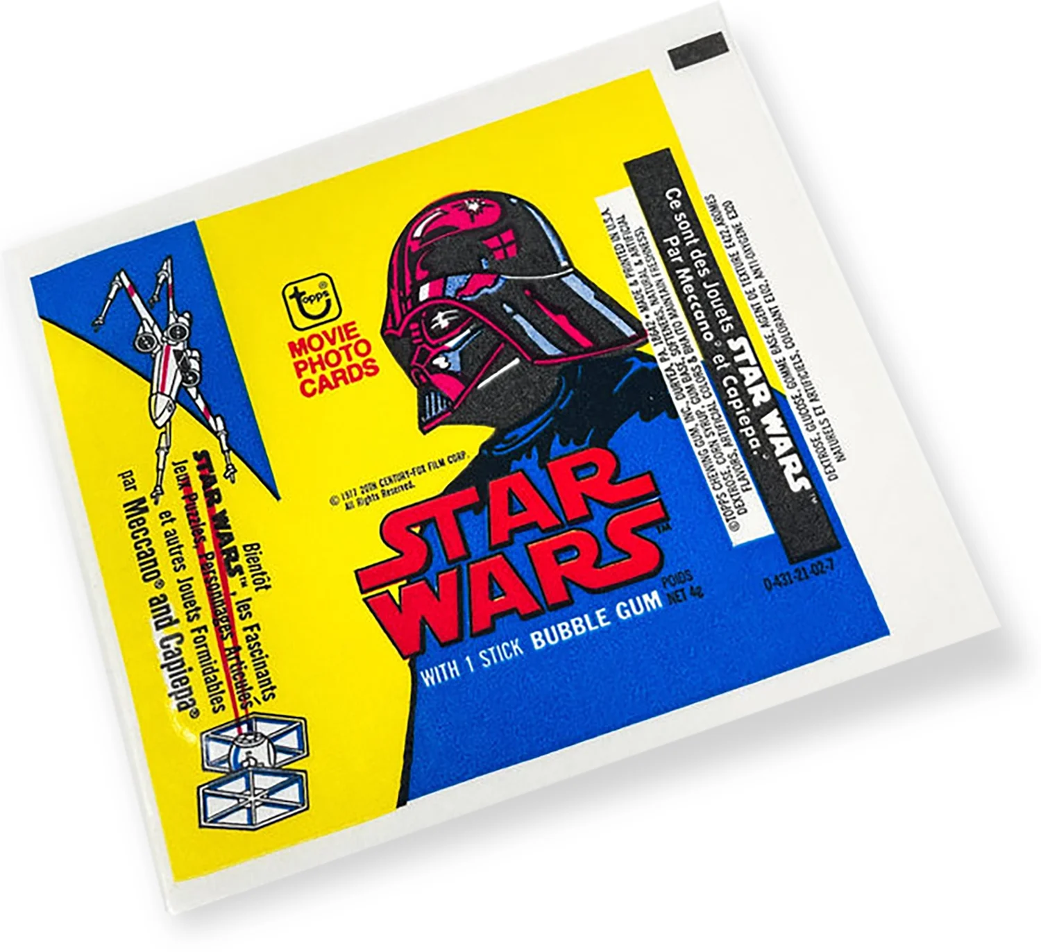 Vintage 1977 Topps Star Wars trading card wax wrapper showing bold yellow and blue design, Darth Vader artwork, X-wing illustration, and classic bubble gum branding.
