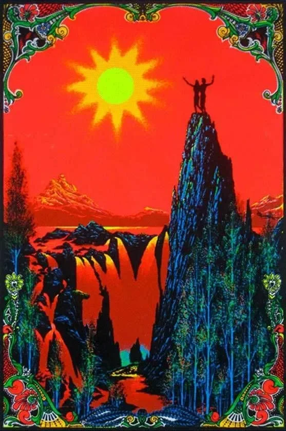 Vintage 1970s blacklight poster featuring a psychedelic mountain landscape with waterfalls, a glowing sun, and vivid DayGlo colors typical of head shop art from the era.