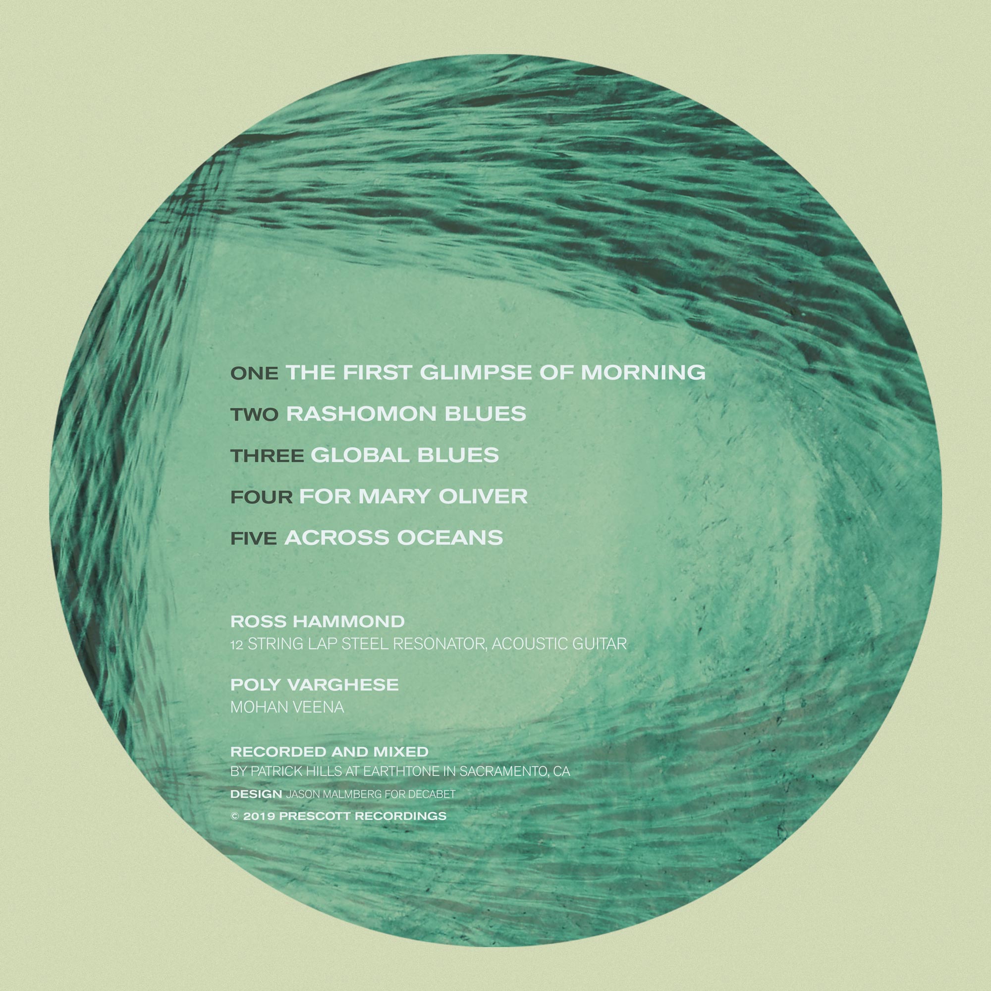 Back cover for Across Oceans by Ross Hammond and Poly Varghese. A circular water photograph in deep teal tones on sage green, with tracklist and personnel credits in minimal uppercase type.