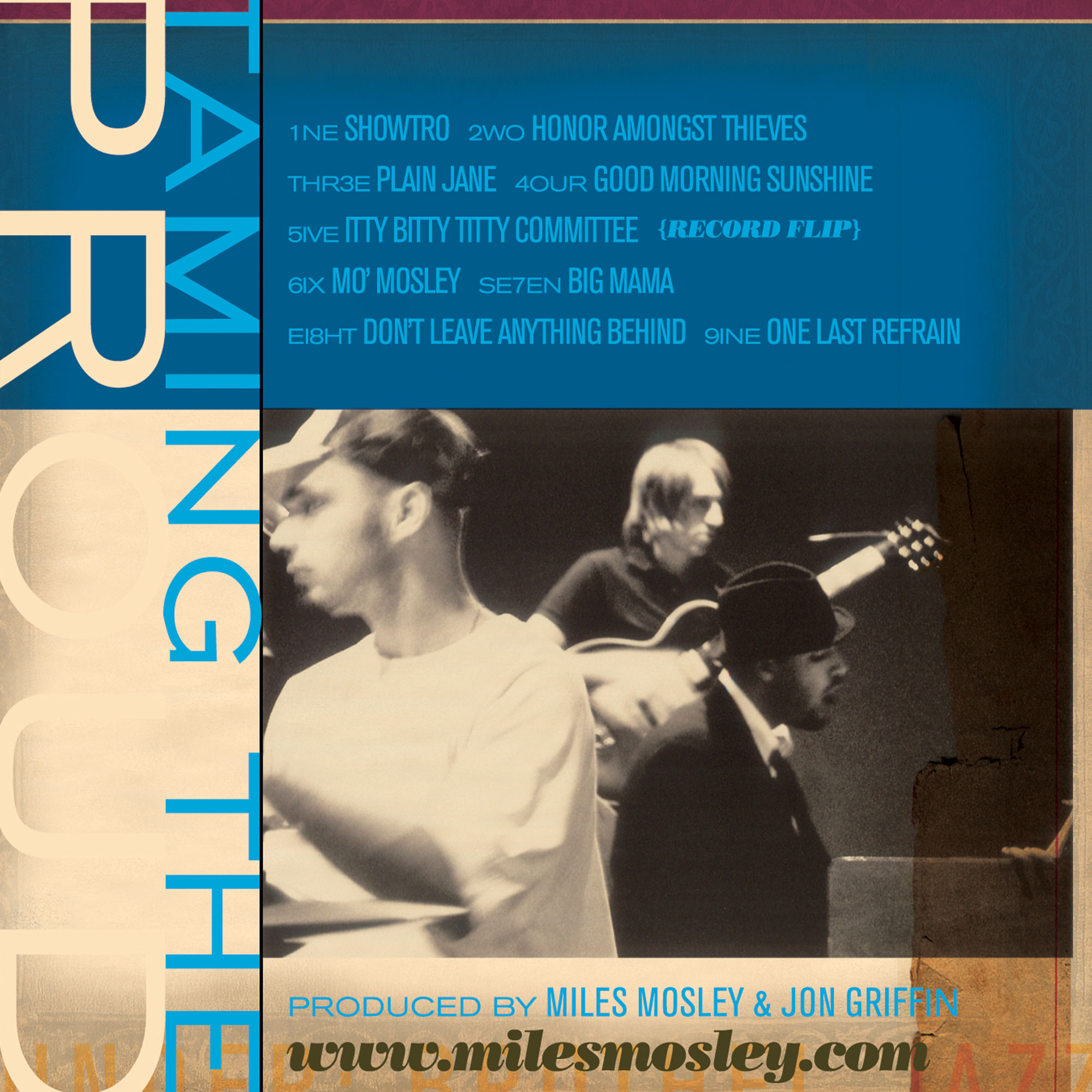 Miles Mosley Taming the Proud album back cover and gatefold spread designed by Jason Malmberg featuring tracklist typography, studio photography, and the File Under Brothel Jazz tagline