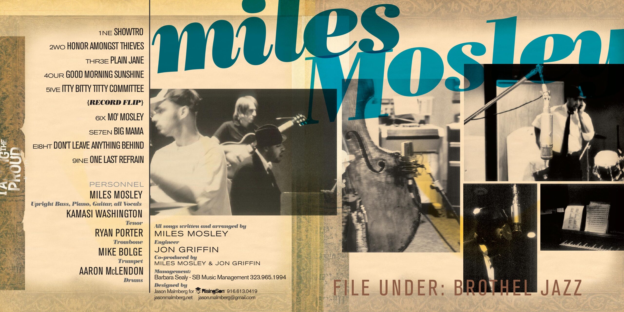 Miles Mosley Taming the Proud album back cover and gatefold spread designed by Jason Malmberg featuring tracklist typography, studio photography, and the File Under Brothel Jazz tagline