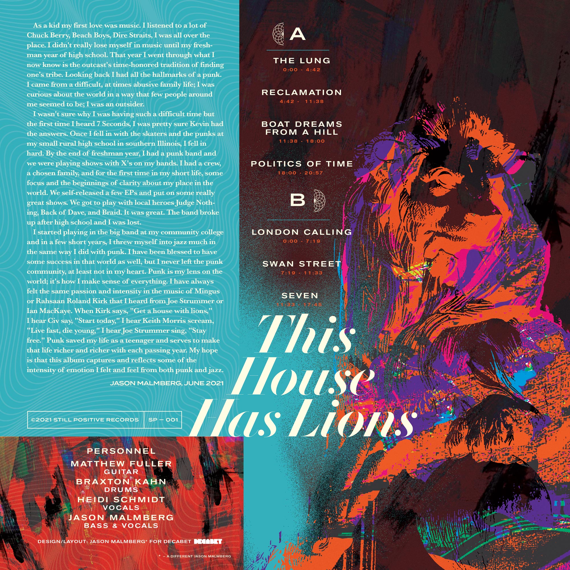 Back cover for This House Has Lions by Jason Malmberg. The lion illustration continues across the gatefold with tracklist, personnel credits, and a personal essay by Jason Malmberg set in a teal panel. Design credit reads: Jason Malmberg for Decabet, with the footnote "a different Jason Malmberg."