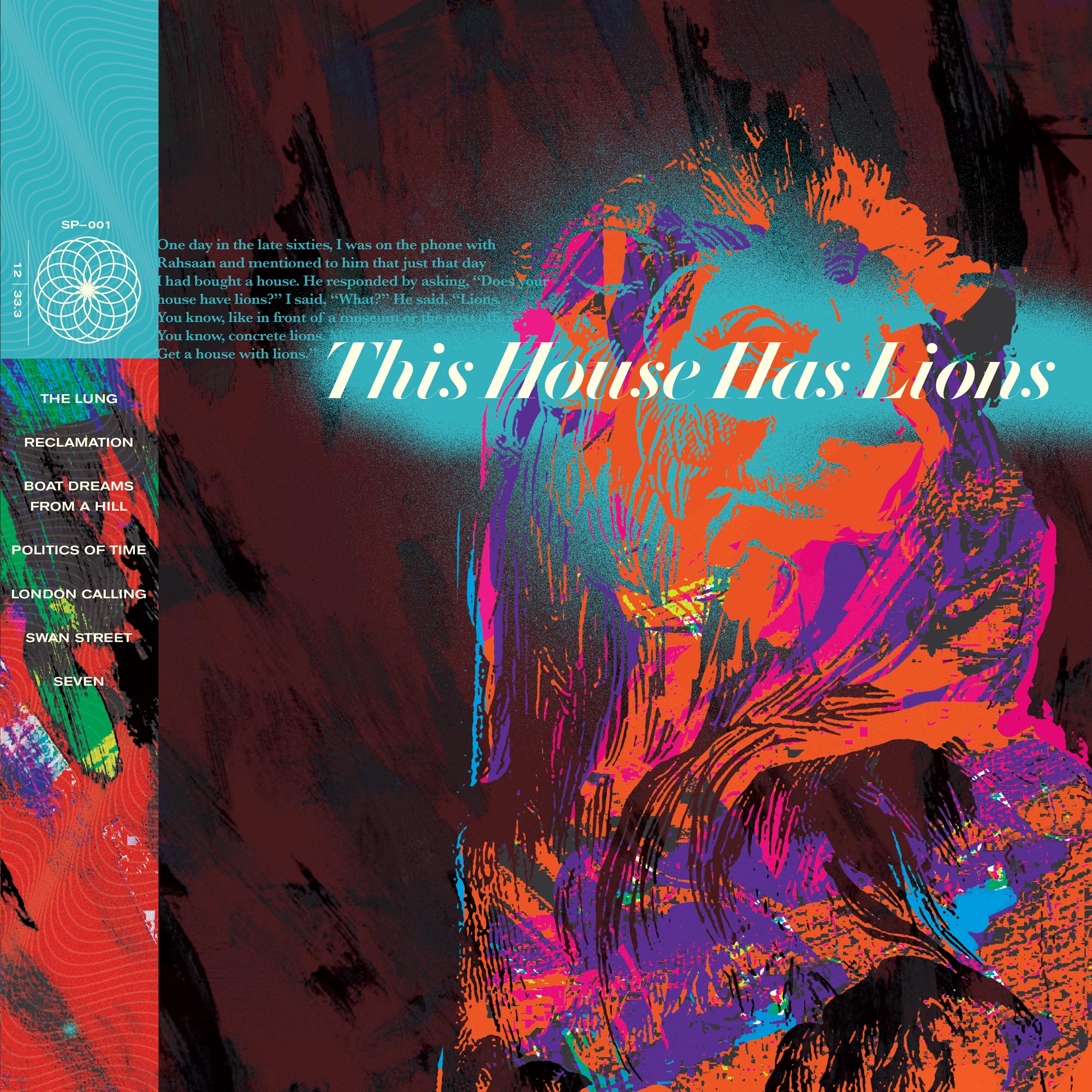 Front cover for This House Has Lions by Jason Malmberg. A bold, expressionistic illustration of a lion rendered in vivid orange, magenta, purple and teal brushstrokes against a dark background. Album title set in large italic serif type. A teal spine features the catalog number, a geometric mandala icon, and tracklist in clean sans-serif type.