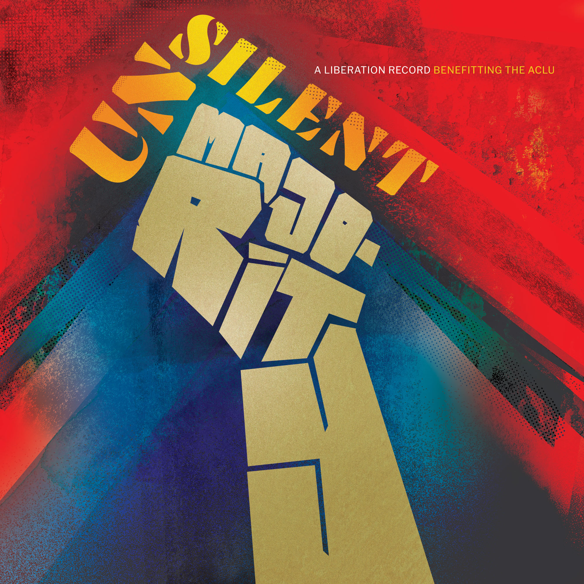 Album cover for Unsilent Majority, an ACLU benefit record. A gold raised fist dominates the center with the title lettered across it in bold block type. Deep red background with blue and teal rays radiating behind the fist. Designed in the style of Saul Bass.