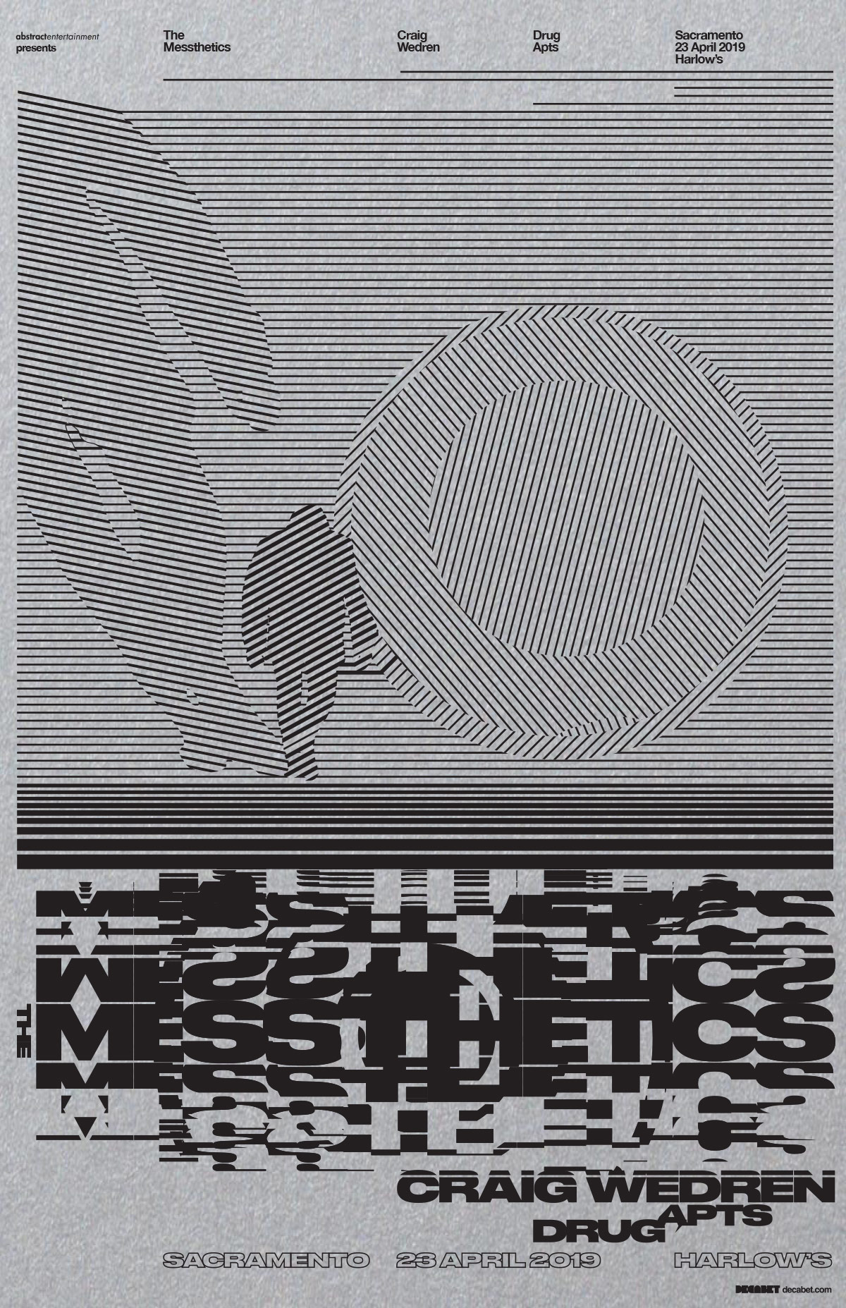 Gig poster for The Messthetics with Craig Wedren and Drug Apts at Harlow's, Sacramento, April 23, 2019. Black on metallic silver design featuring deconstructed typography and line-based geometric forms. Designed by Jason Malmberg / Decabet.