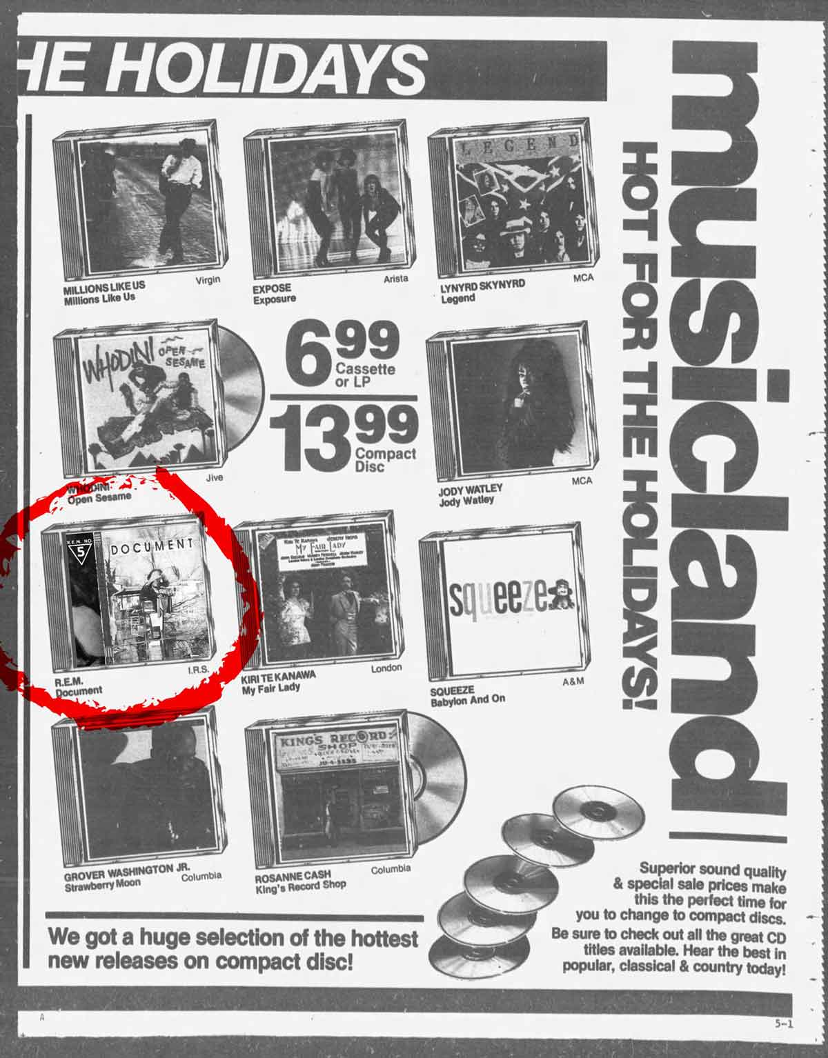 A 1987 Musicland record store newspaper ad circular featuring R.E.M.'s Document album circled in red among other holiday releases including Squeeze, Jody Watley, and Whodini
