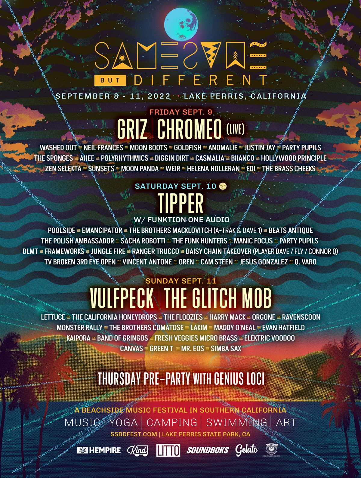 Same Same But Different Festival 2022 lineup poster featuring GRiZ, Chromeo, Tipper, Vulfpeck, and The Glitch Mob, with a psychedelic Lake Perris sunset illustration and palm trees, designed by Decabet