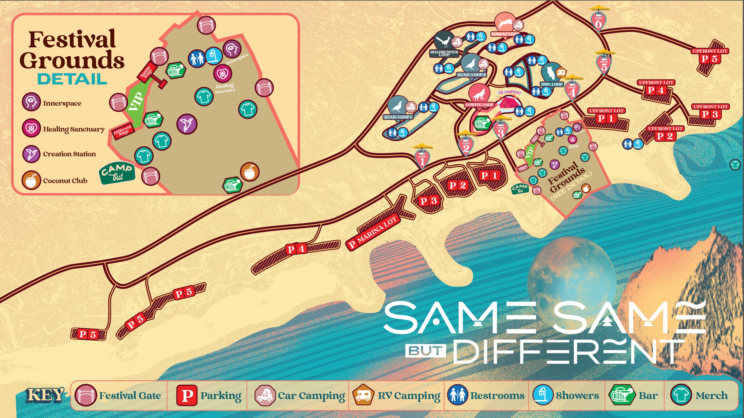 Same Same But Different Festival 2023 grounds map showing festival stages, camping loops, parking lots, VIP area, and amenities at Lake Perris, California, designed by Decabet