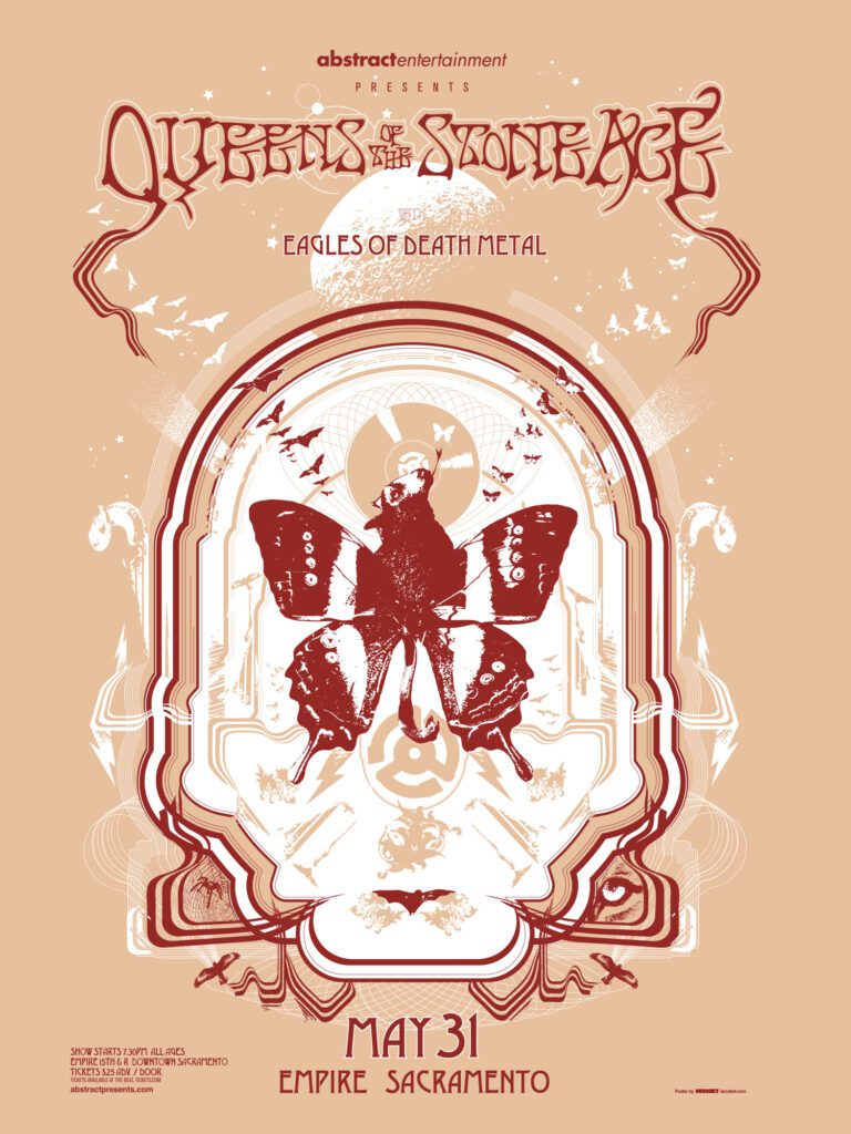 "Queens of the Stone Age and Eagles of Death Metal gig poster by Jason Malmberg, featuring a moth-winged skull figure inside an ornate arched frame, circled by bats with spiderweb and 45 record adapter details, for the May 2005 Empire Sacramento show"