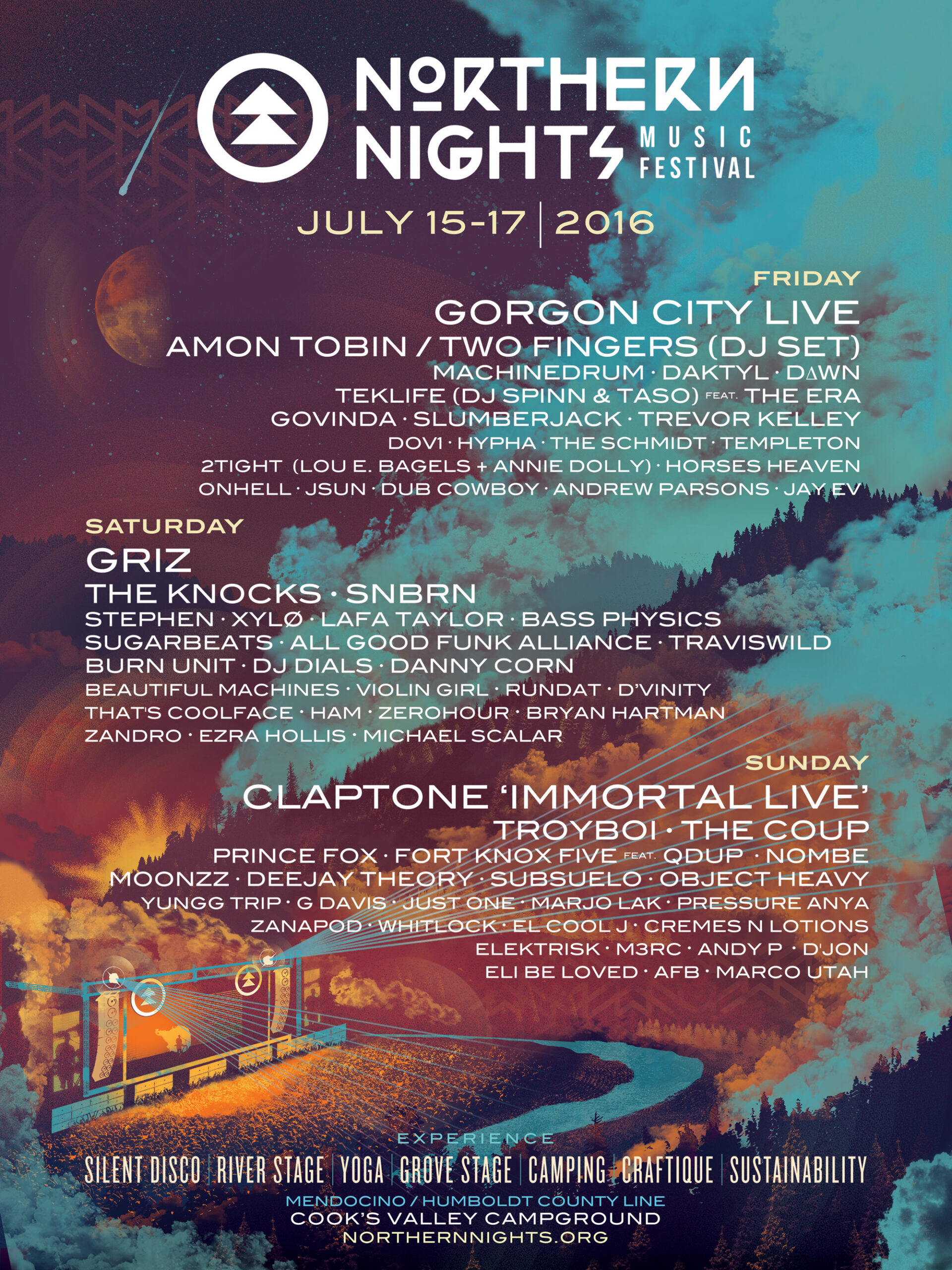 Northern Nights Music Festival 2016 poster by Jason Malmberg, illustrated river bend and forested ridgeline at dusk with a glowing lit stage along the water beneath a starry, foggy night sky, full festival lineup including Gorgon City, Griz, and Claptone, for the July 2016 Cook's Valley Campground event