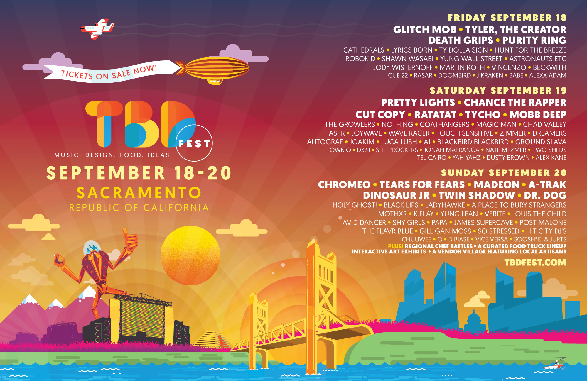 TBD Fest 2015 landscape ad by Jason Malmberg, mascot Tibby the robot beside the illuminated Tower Bridge and Sacramento skyline at sunset, full three-day lineup including Tyler the Creator, Chance the Rapper, Chromeo, and Tears for Fears, for the September 2015 West Sacramento festival